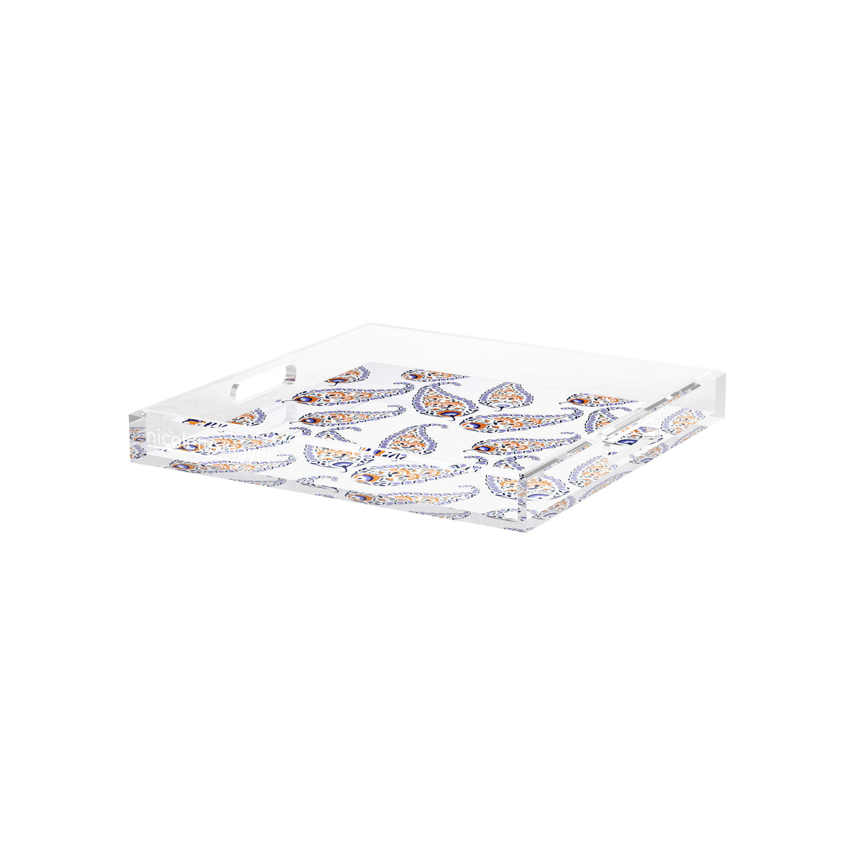 Indian Paisley Orange Navy Acrylic Decorative Tray, 12 x 12 in. by Nicolette Mayer