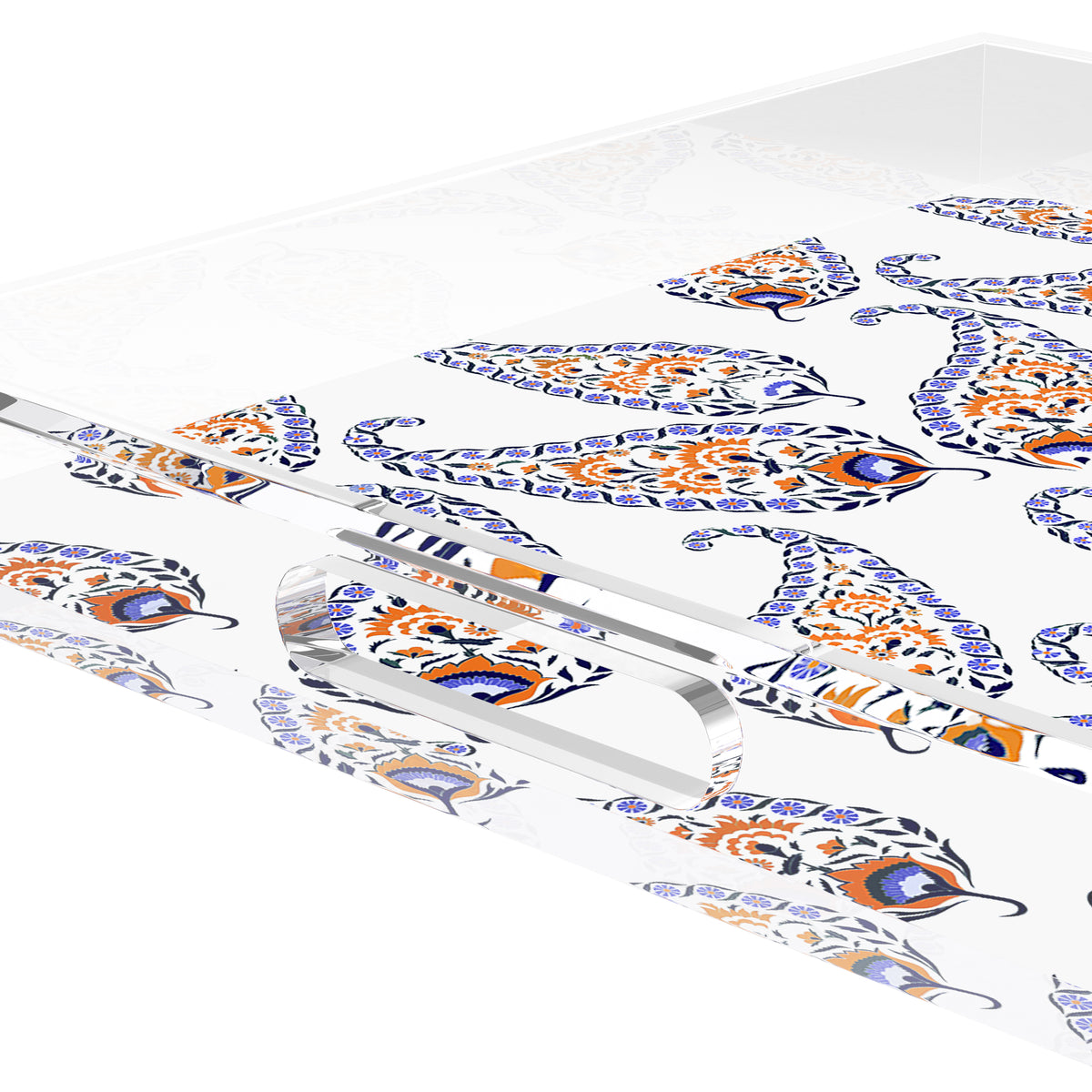 Indian Paisley Orange Navy Acrylic Decorative Tray, 18 x 18 in. by Nicolette Mayer
