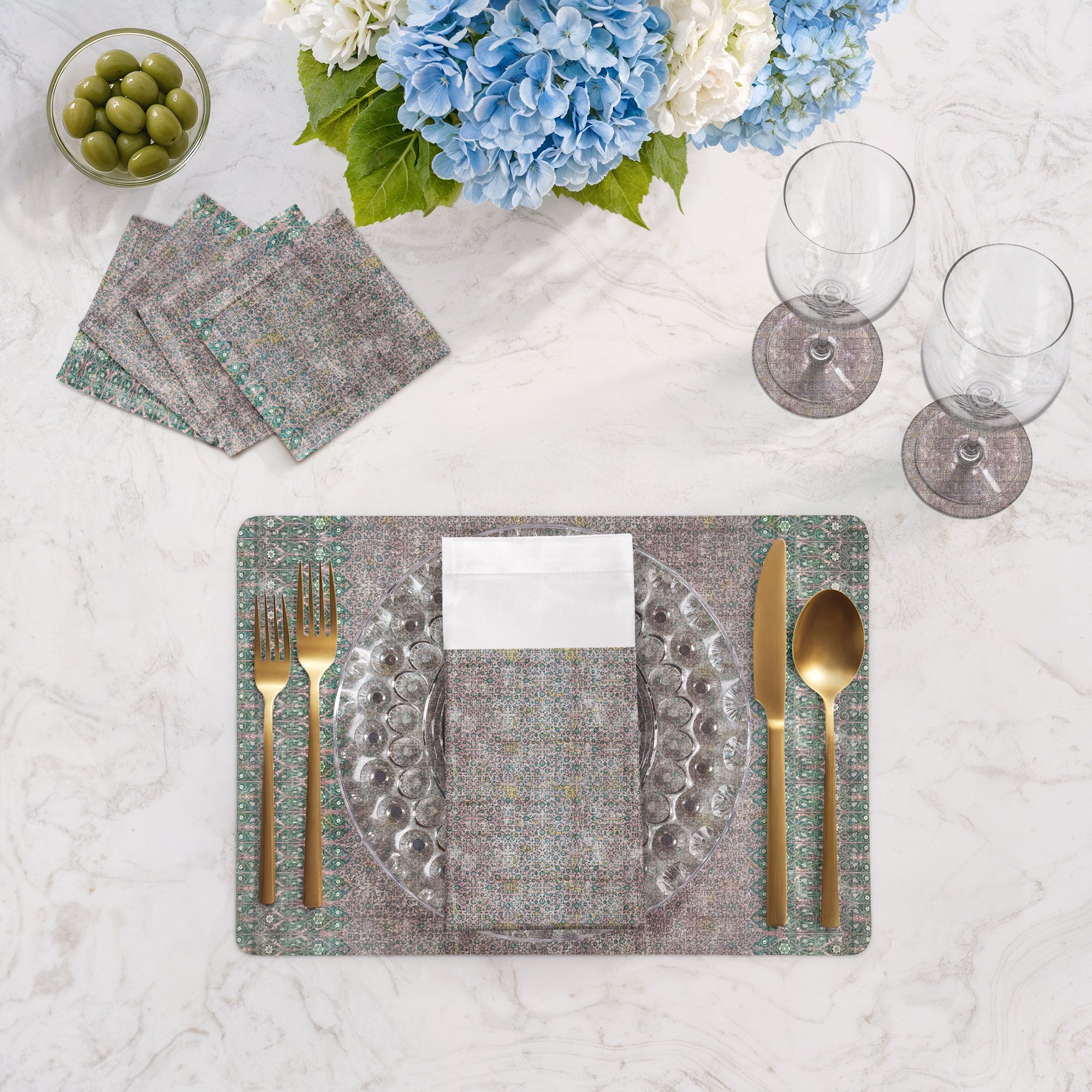 Iznik Green Pink 17.5" Rectangle Pebble Placemat, Set Of 4 - nicolettemayer.com