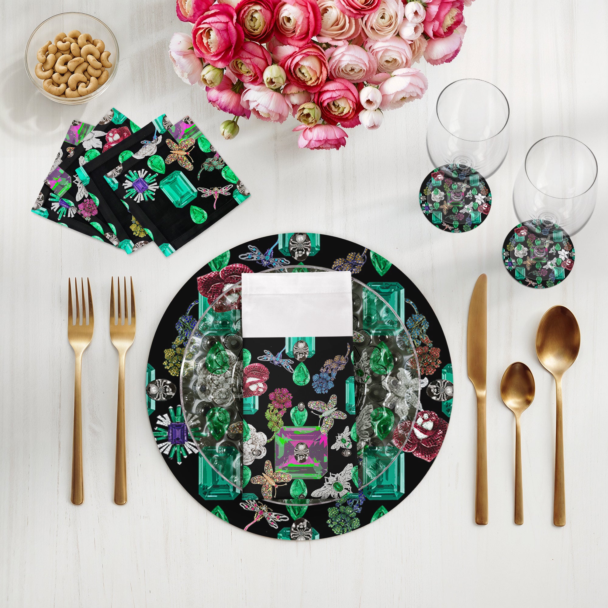 Jewel Box Emeralds Black 16" Round Pebble Placemats, Set of 4 - nicolettemayer.com