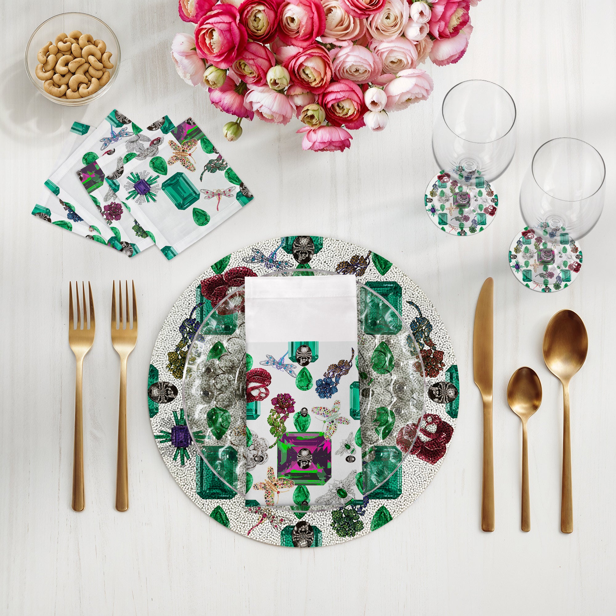Jewel Box Emeralds White Round Beaded Placemat Smooth