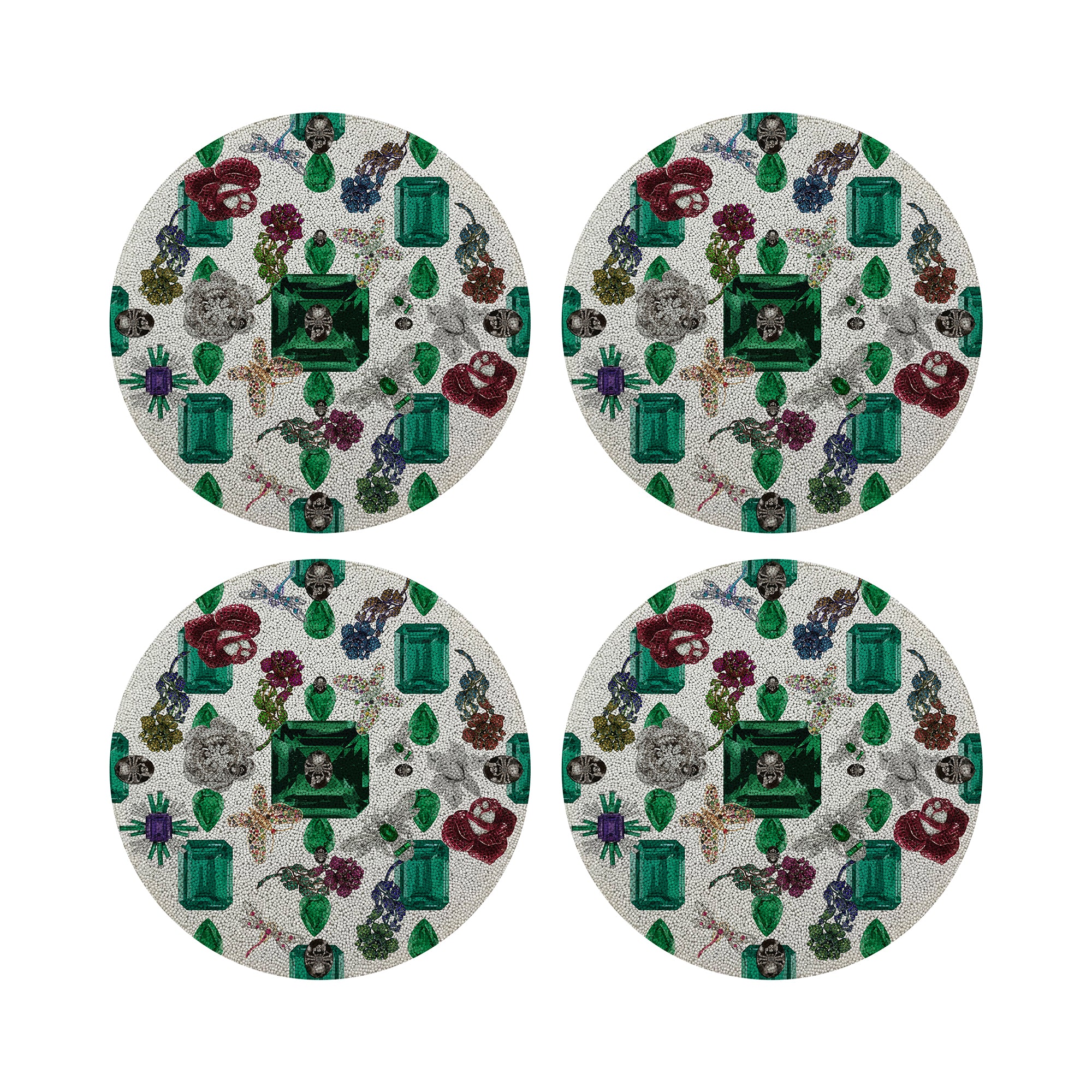 Jewel Box Emeralds White Round Beaded Placemat Smooth