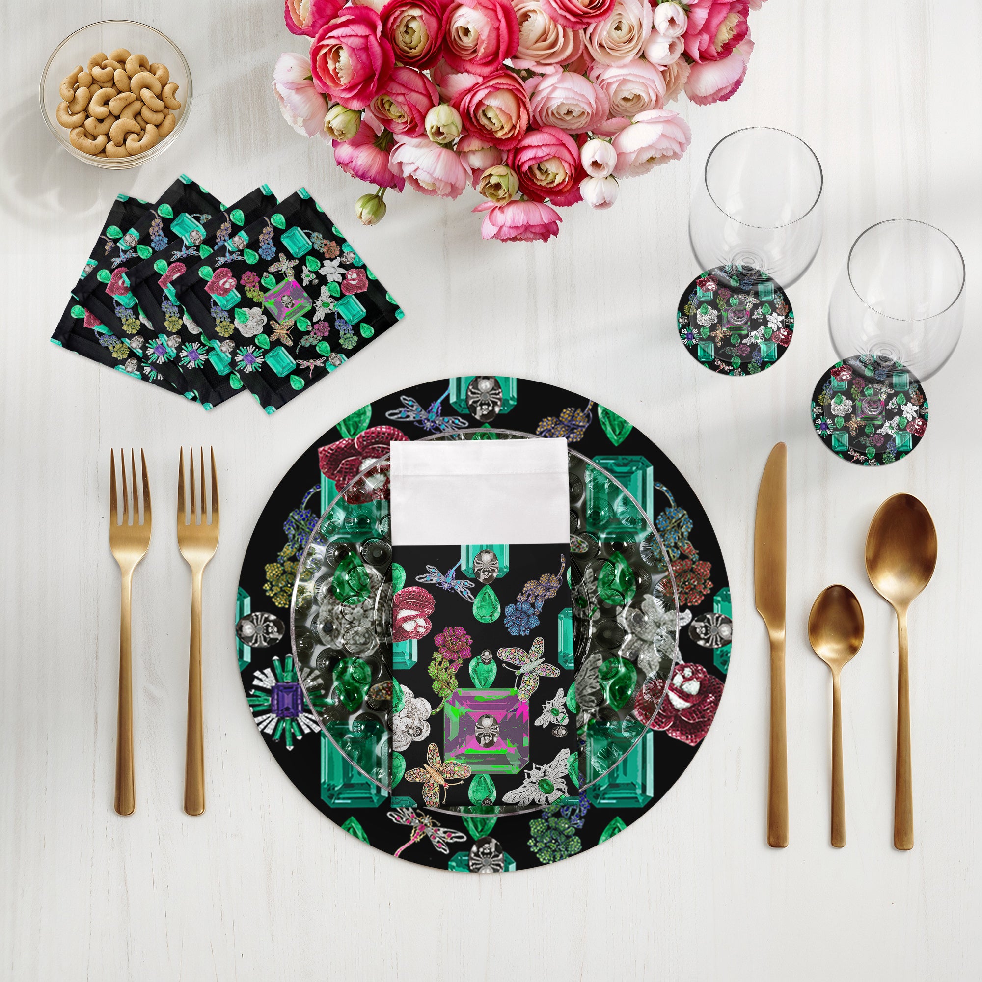 Jewel Box Emeralds Black 16" Round Pebble Placemats, Set of 4 - nicolettemayer.com