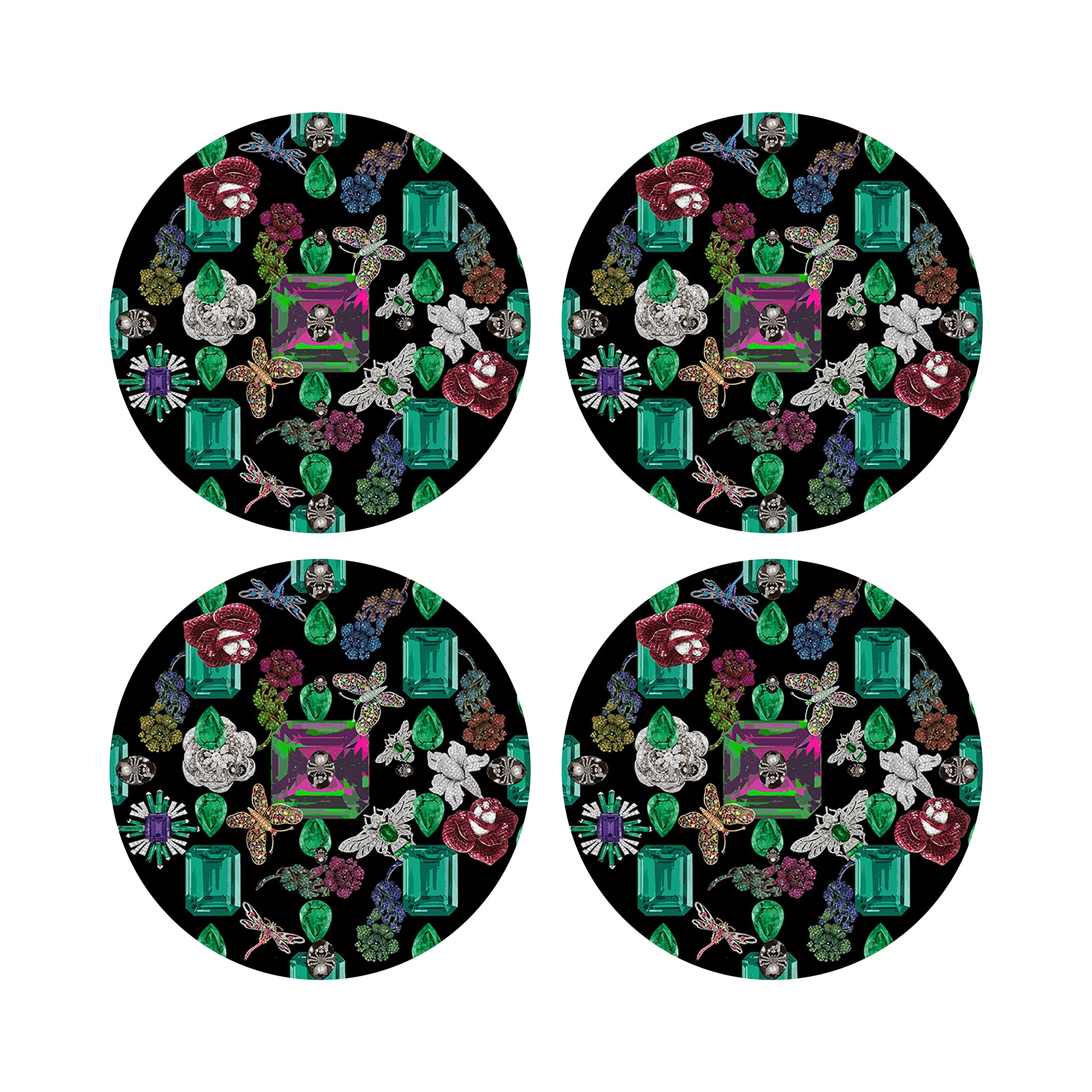Jewel Box Emeralds Black 16" Round Pebble Placemats, Set of 4 - nicolettemayer.com