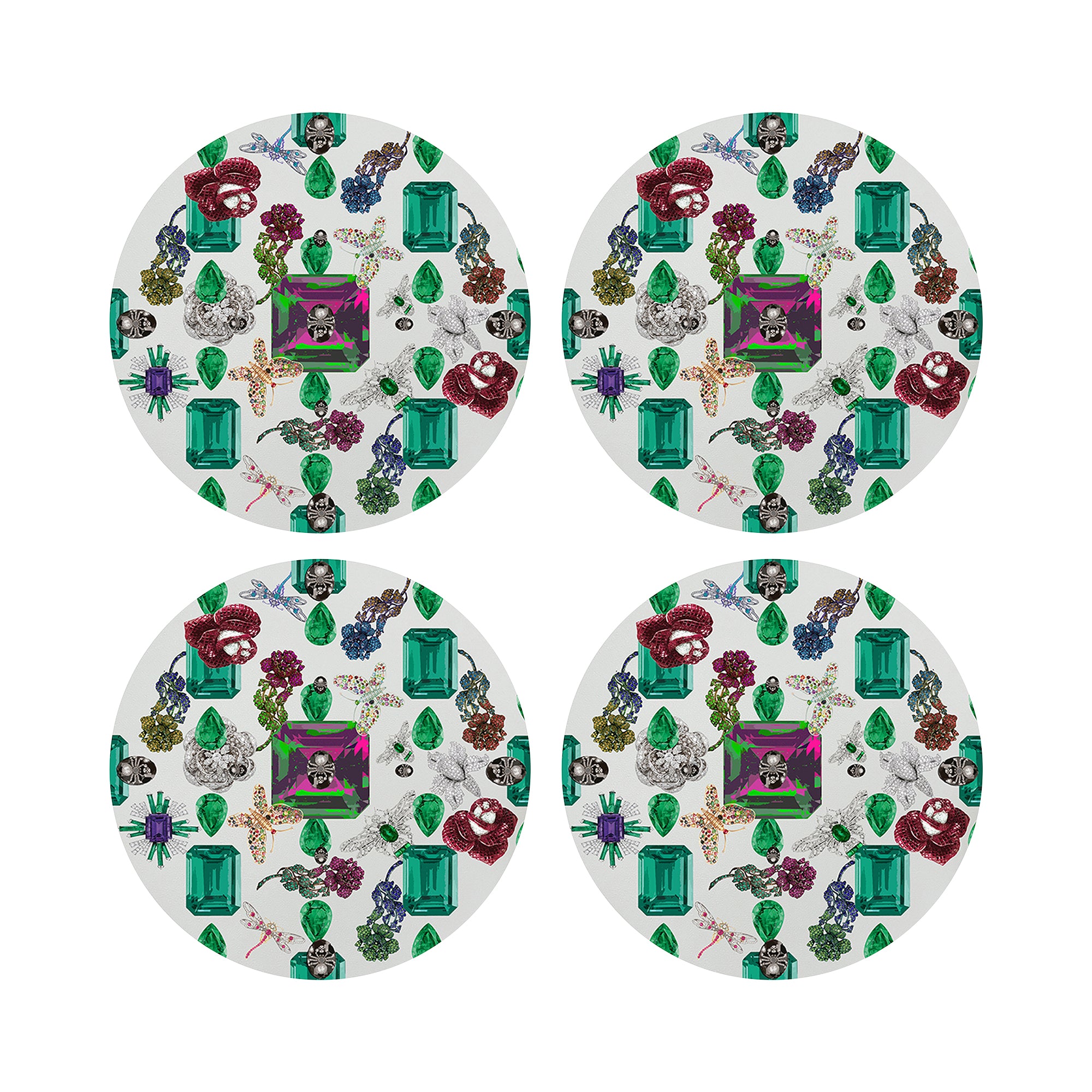 Jewel Box Emeralds White 16" Round Pebble Placemats, Set of 4 - nicolettemayer.com