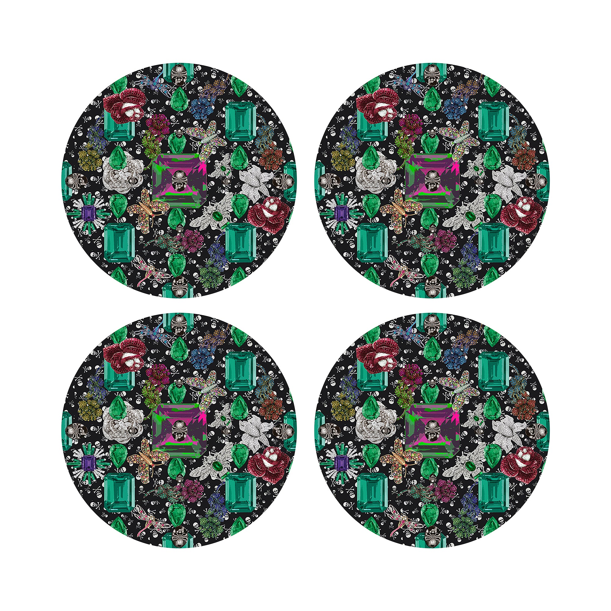Jewel Box Emeralds Skulls Black 16" Round Pebble Placemats, Set of 4 - nicolettemayer.com