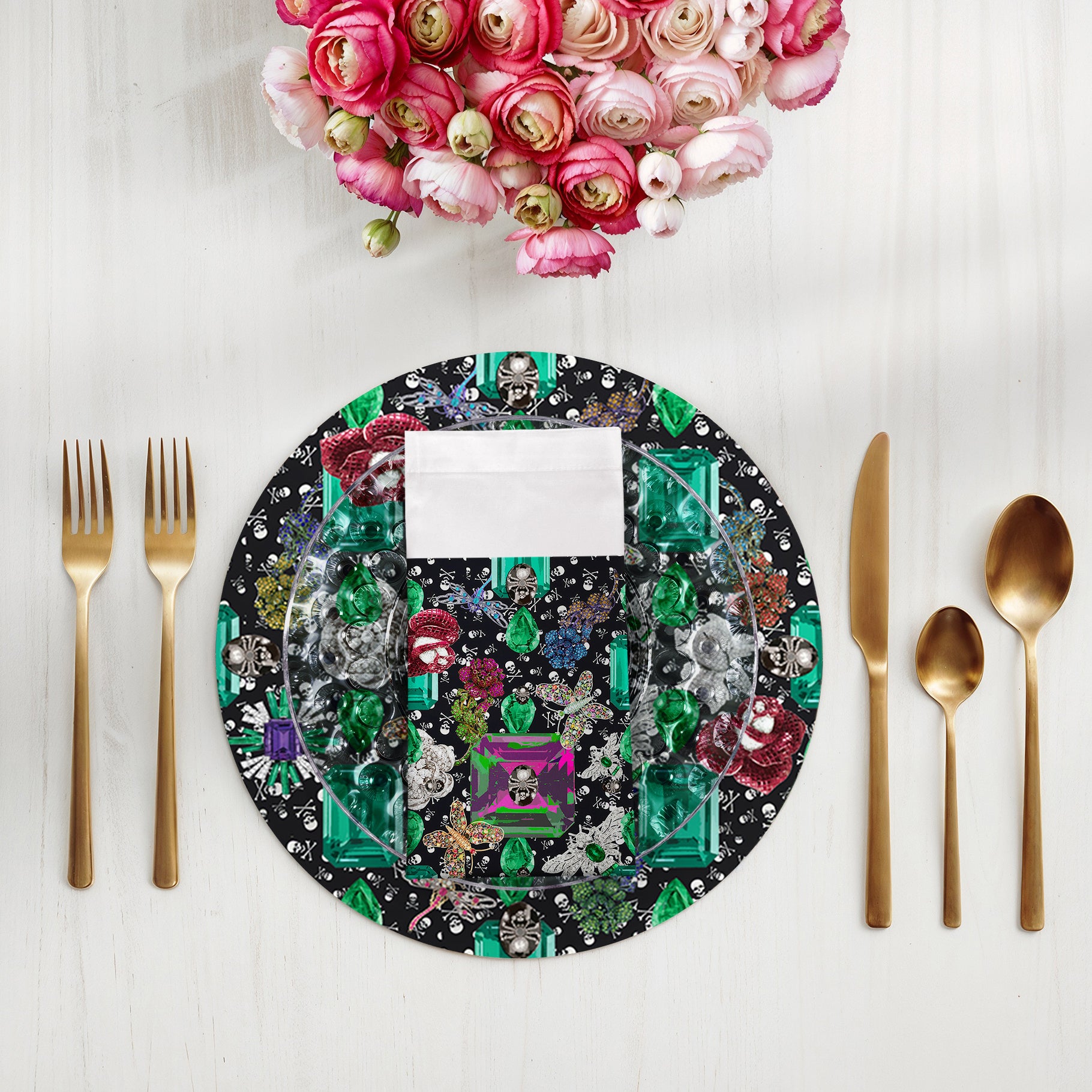 Jewel Box Emeralds Skulls Black Cotton Sateen Dinner Napkins - nicolettemayer.com