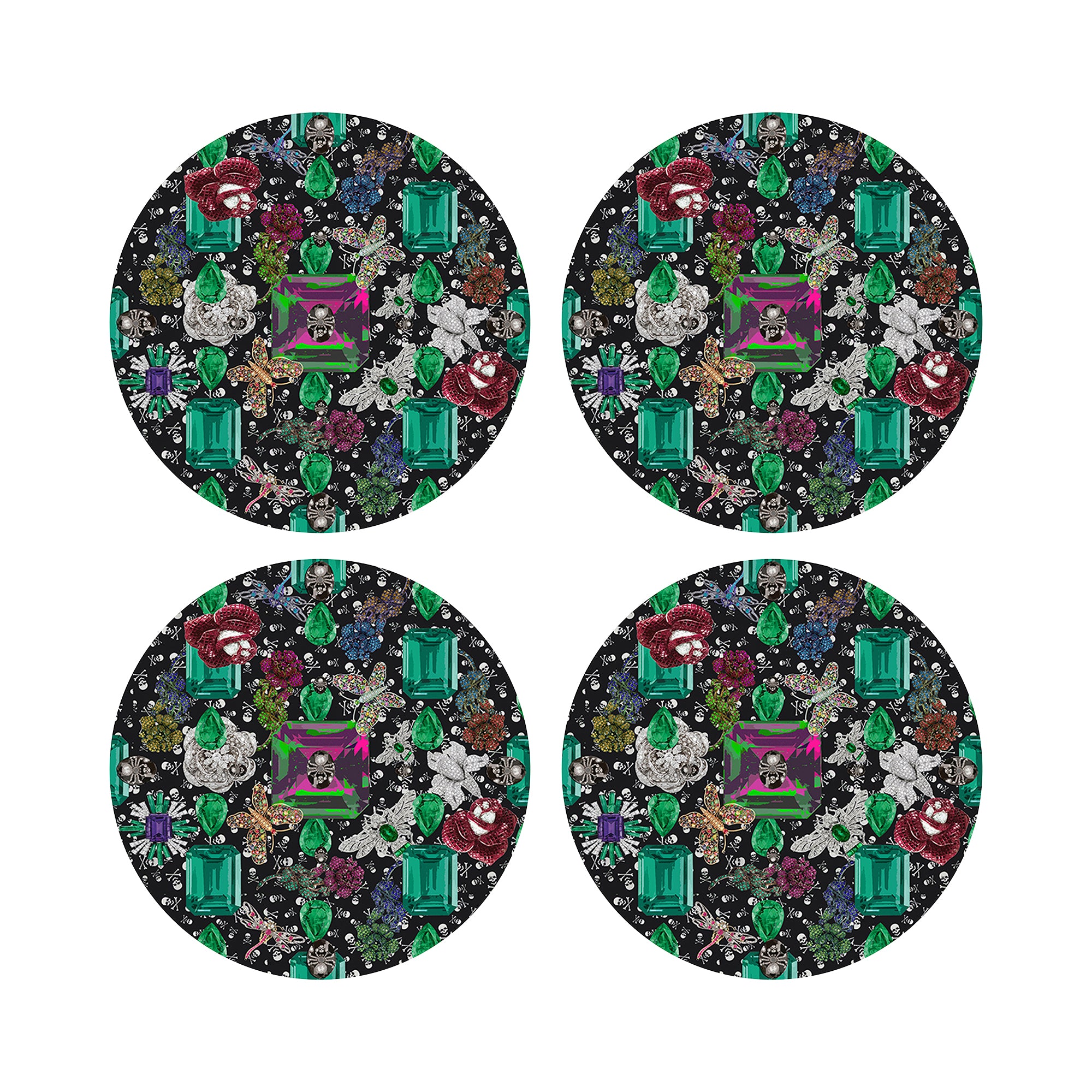Jewel Box Emeralds Skulls Black Vegan Leather Round Coasters