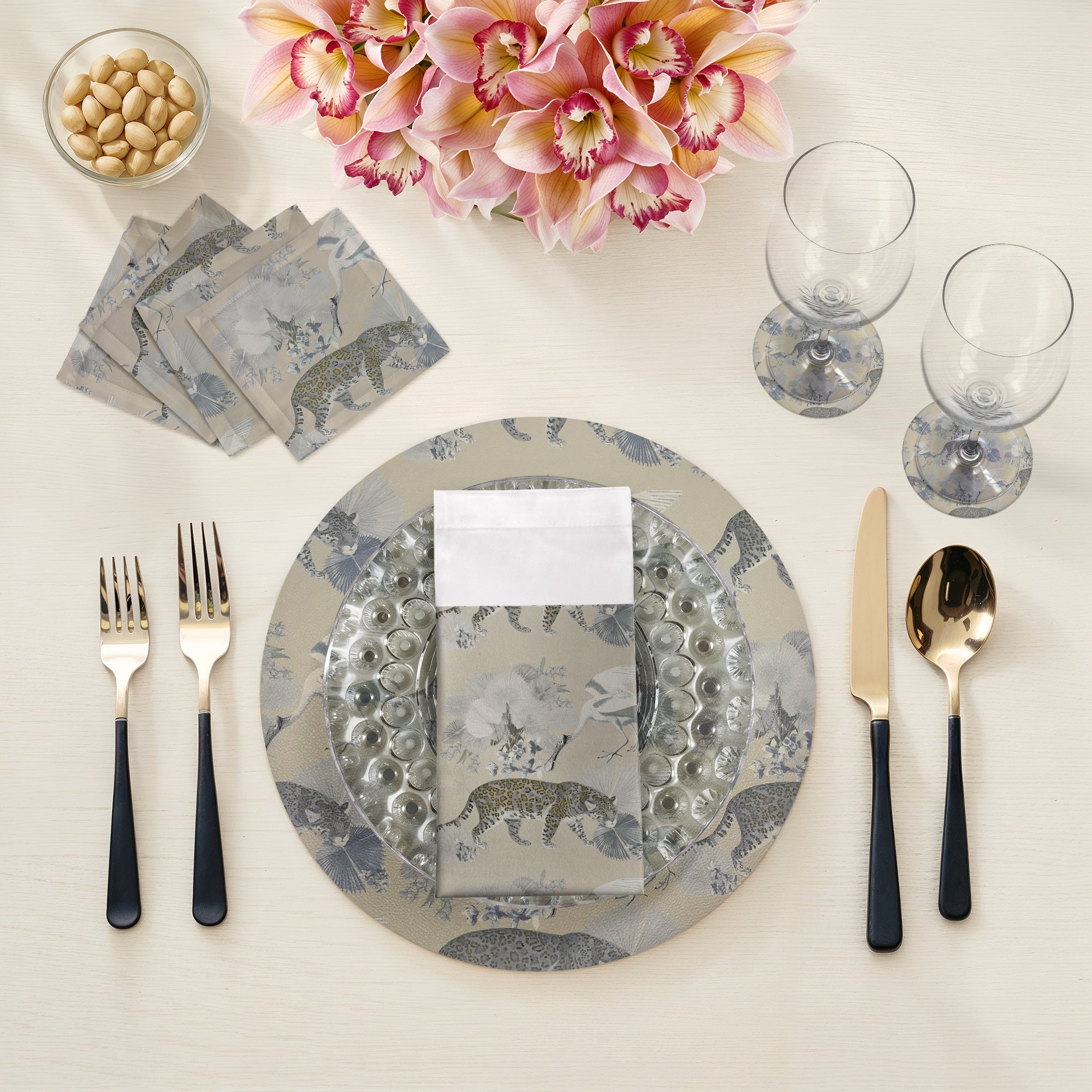 Leopard Walk Cream Vegan Leather Round Pebble Placemat - nicolettemayer.com