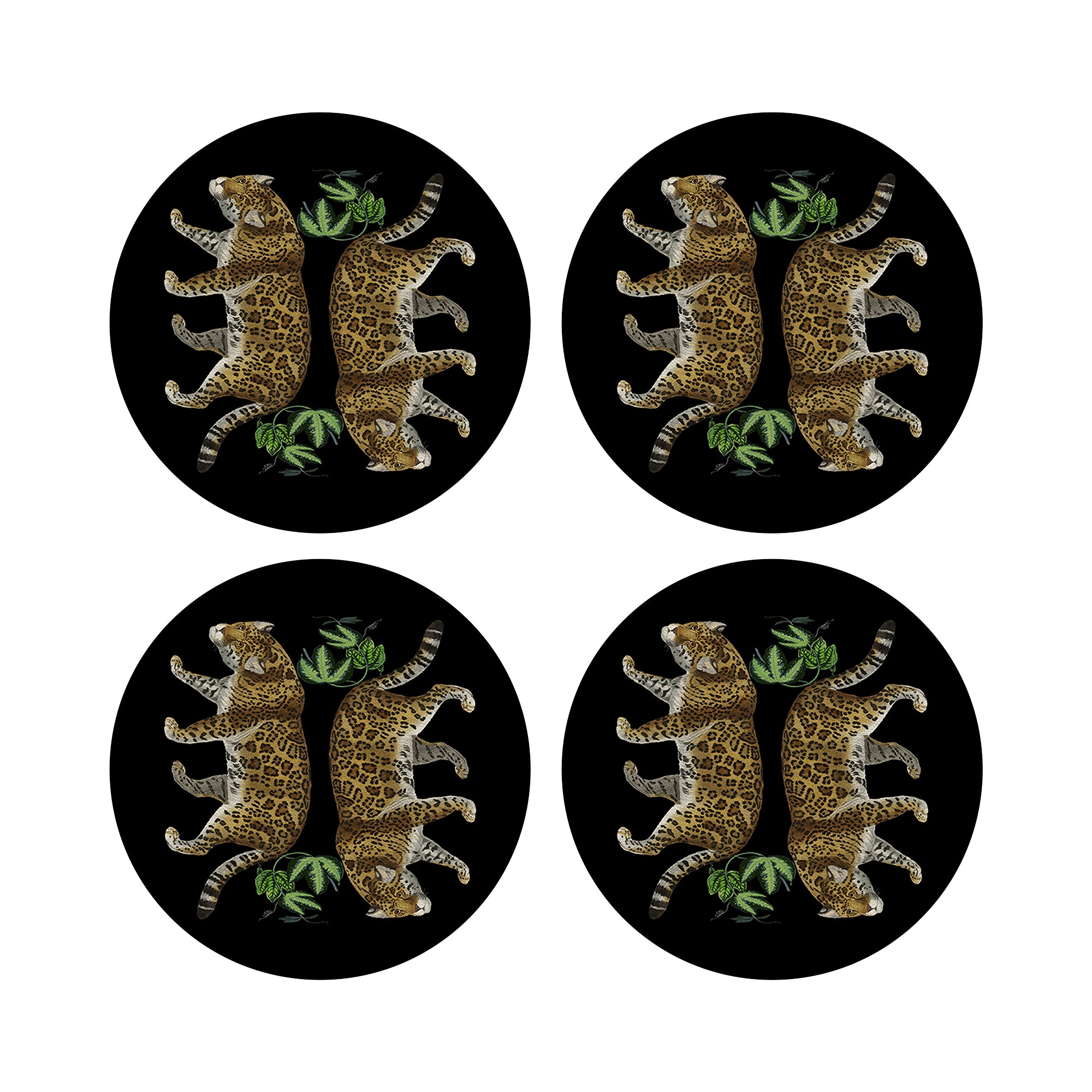 Leopard Seeing Double Black Vegan Leather Round Pebble Placemat