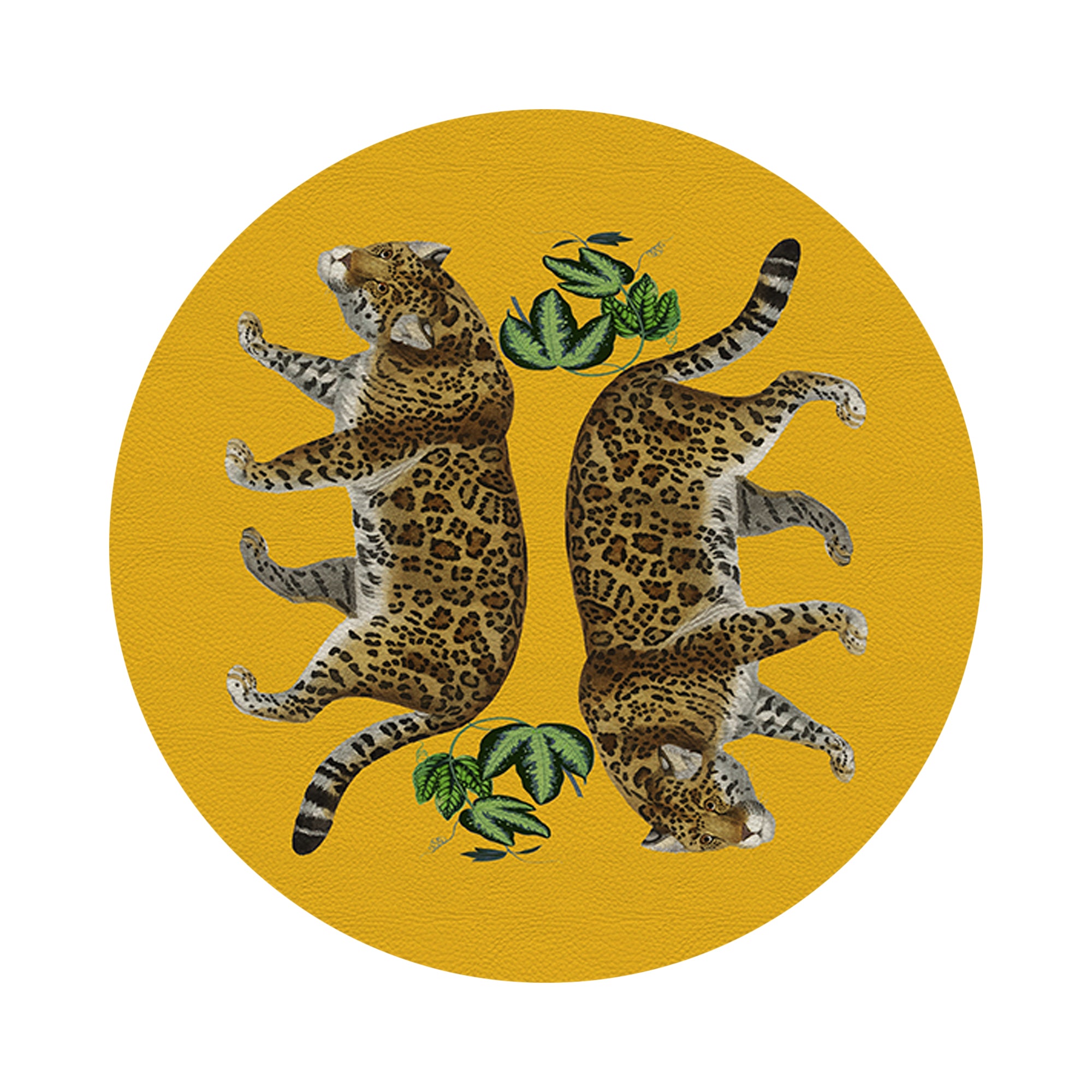 Leopard Seeing Double Yellow Vegan Leather Round Pebble Placemat - nicolettemayer.com