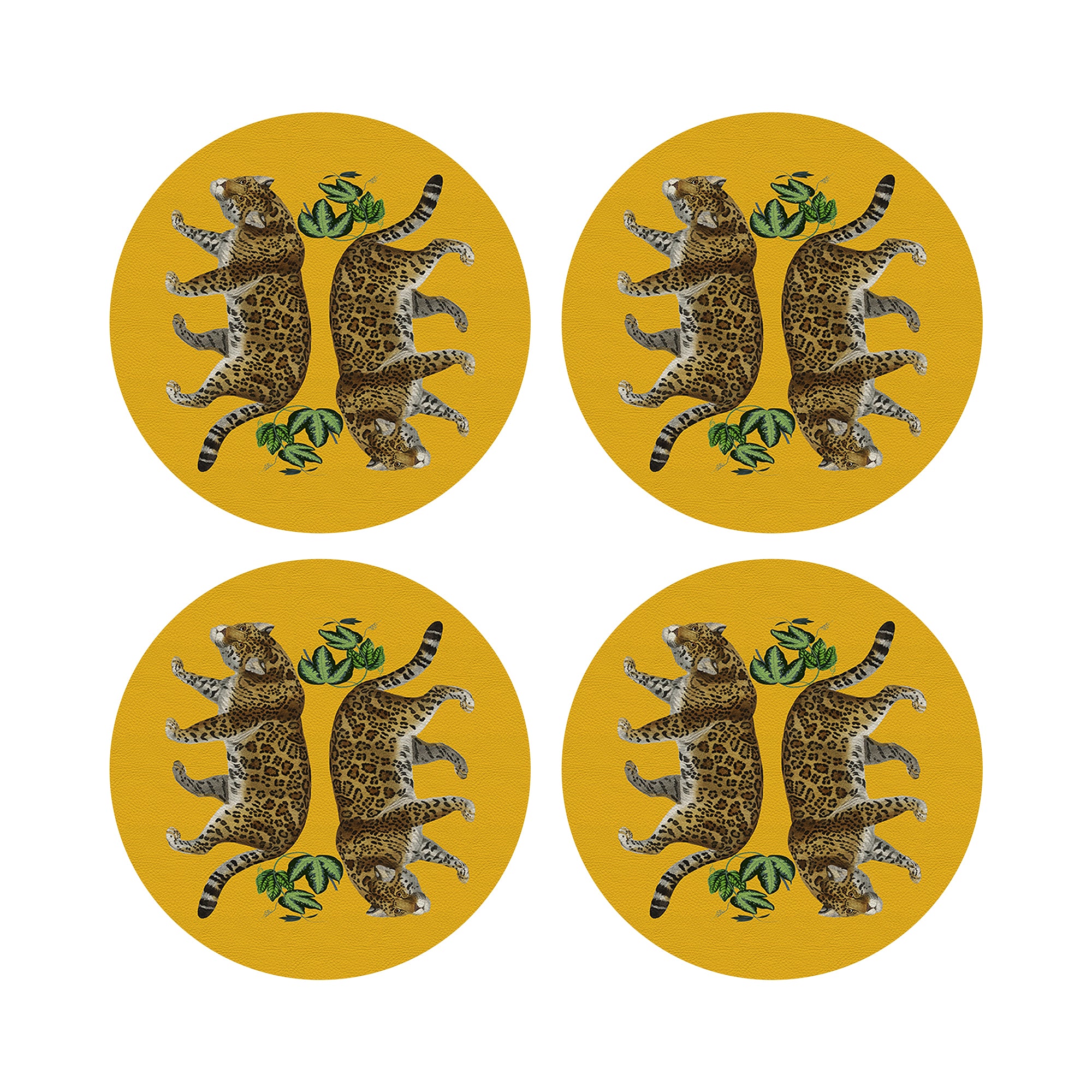 Leopard Seeing Double Yellow Vegan Leather Round Pebble Placemat - nicolettemayer.com