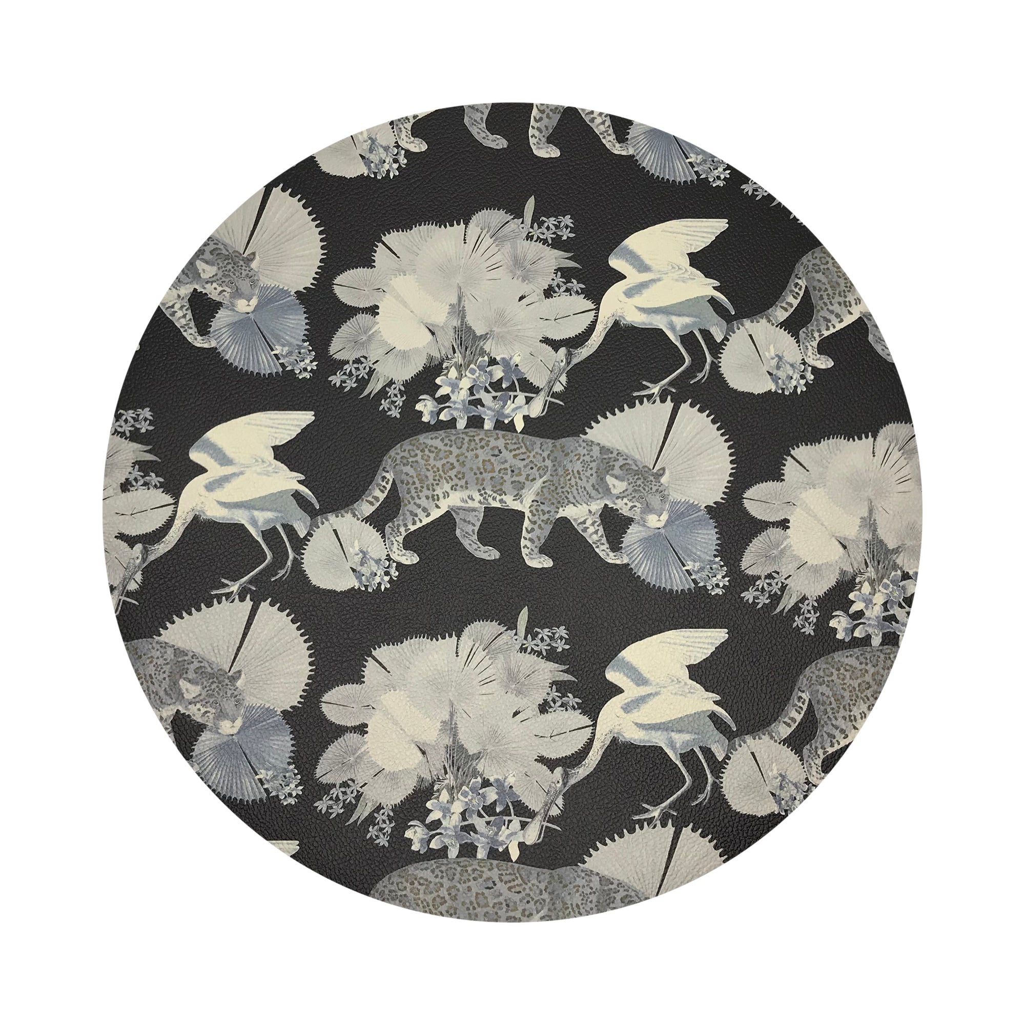 Leopard Walk Black Vegan Leather Round Pebble Placemat - nicolettemayer.com