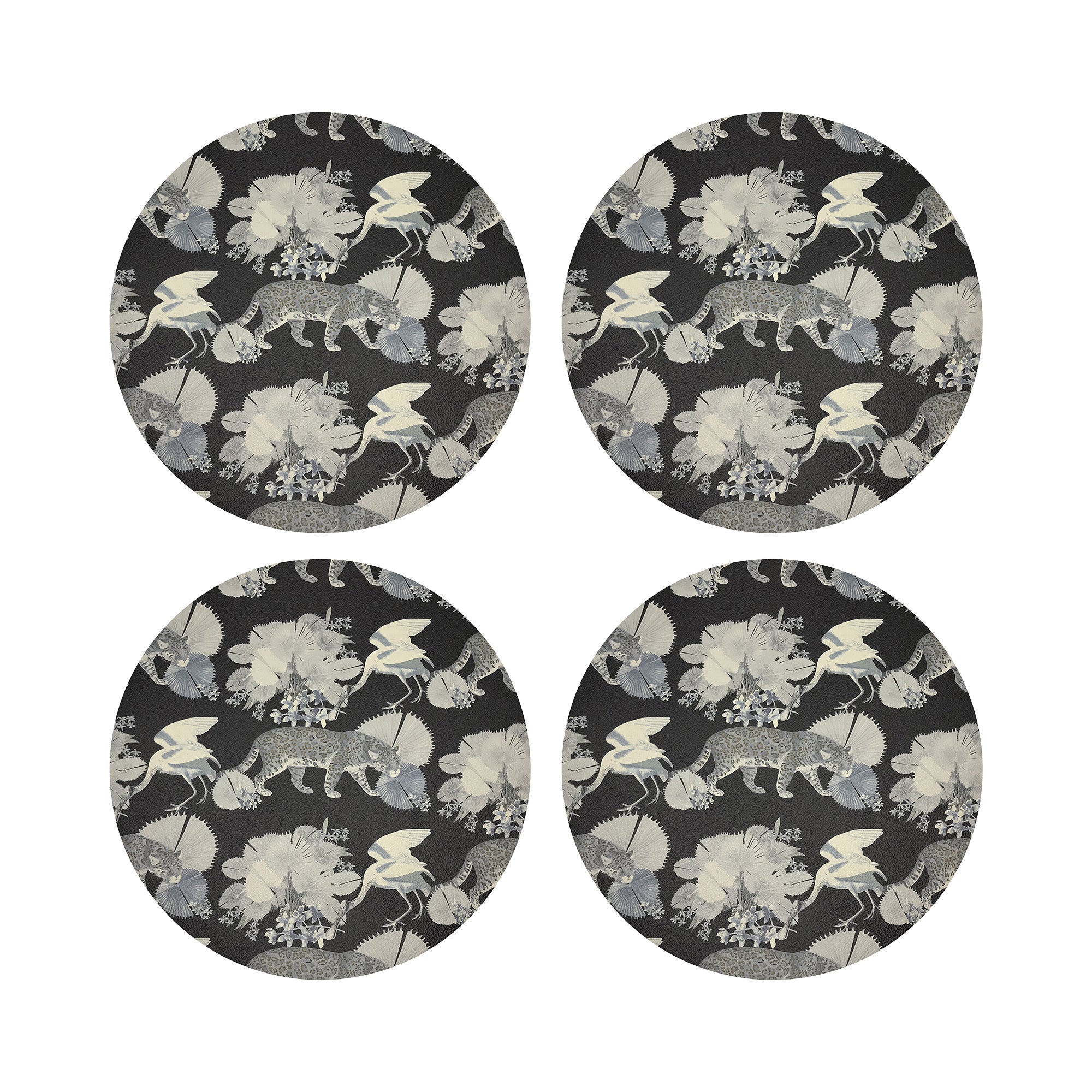 Leopard Walk Black Vegan Leather Round Pebble Placemat - nicolettemayer.com