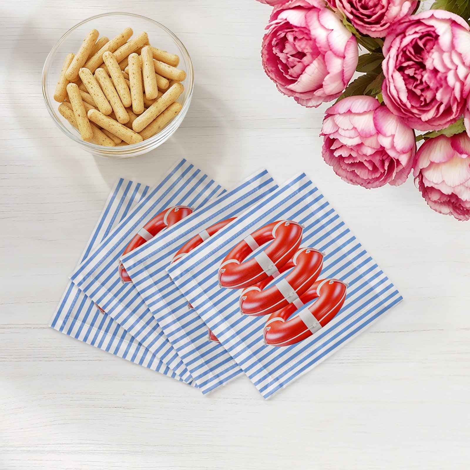 Marine Safety Buoy Ring Blue Stripe Cotton Sateen Cocktail Napkins - nicolettemayer.com