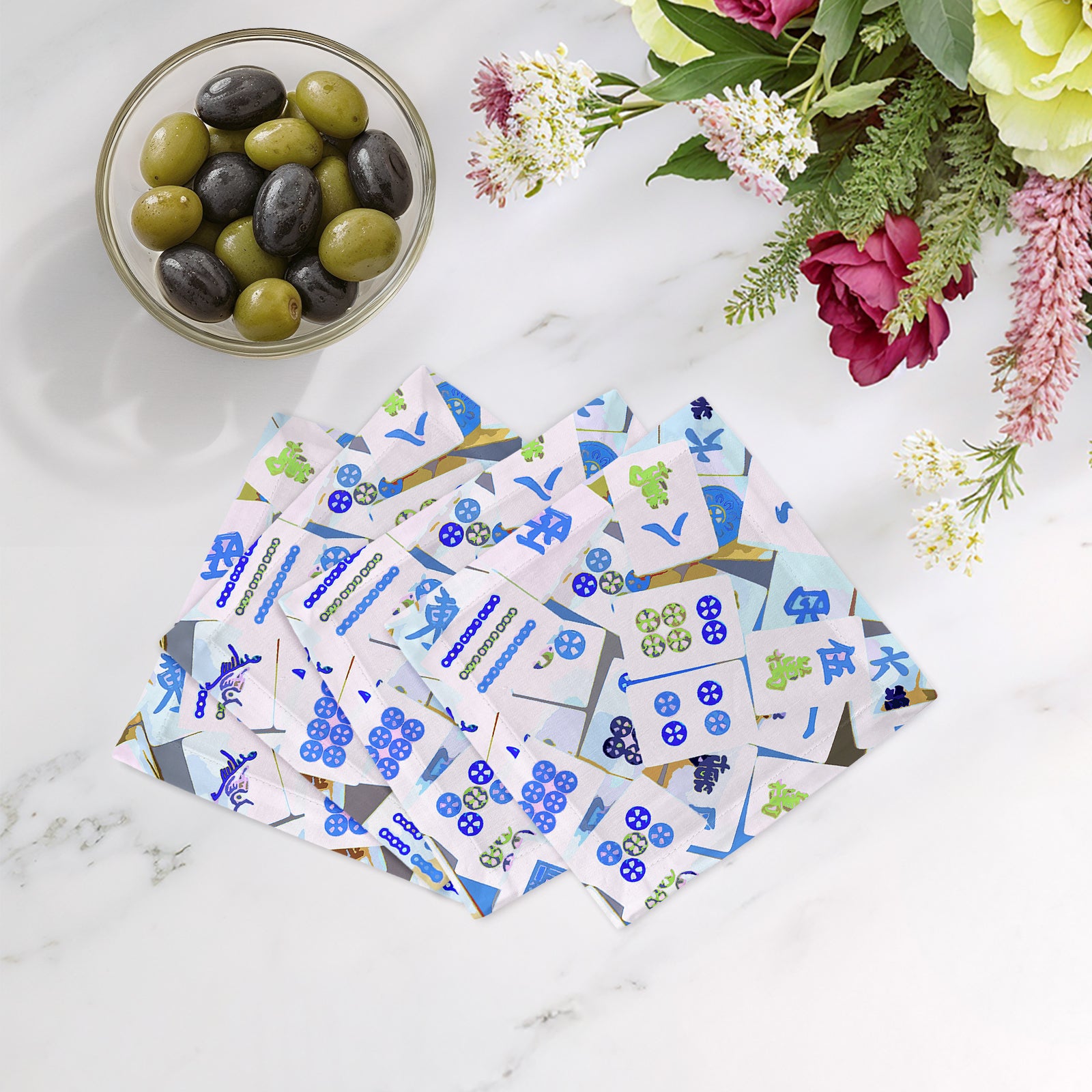 Mahjong Abstract Blues Cotton Sateen Cocktail Napkins - nicolettemayer.com