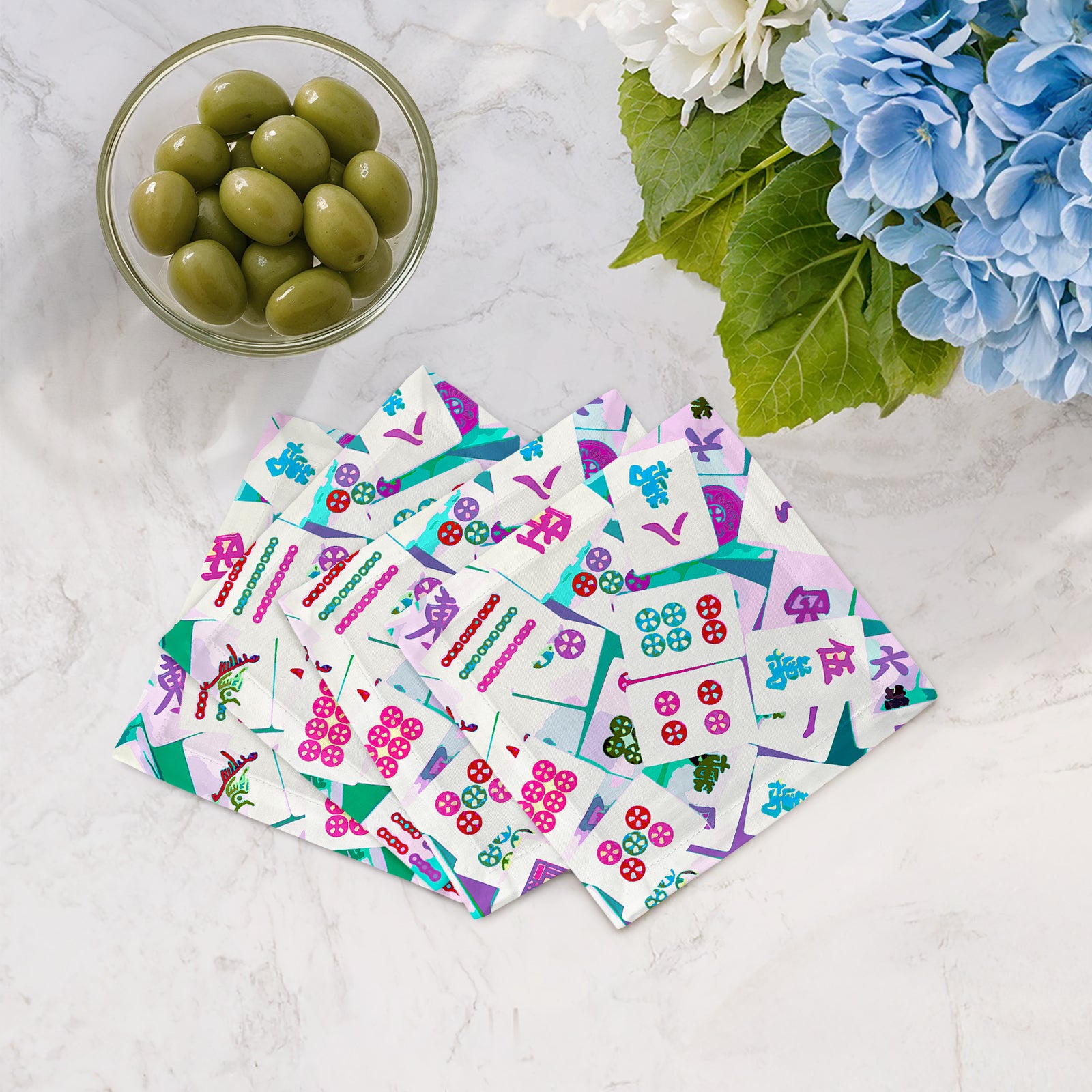 Mahjong Abstract Lively Cotton Sateen Cocktail Napkins - nicolettemayer.com