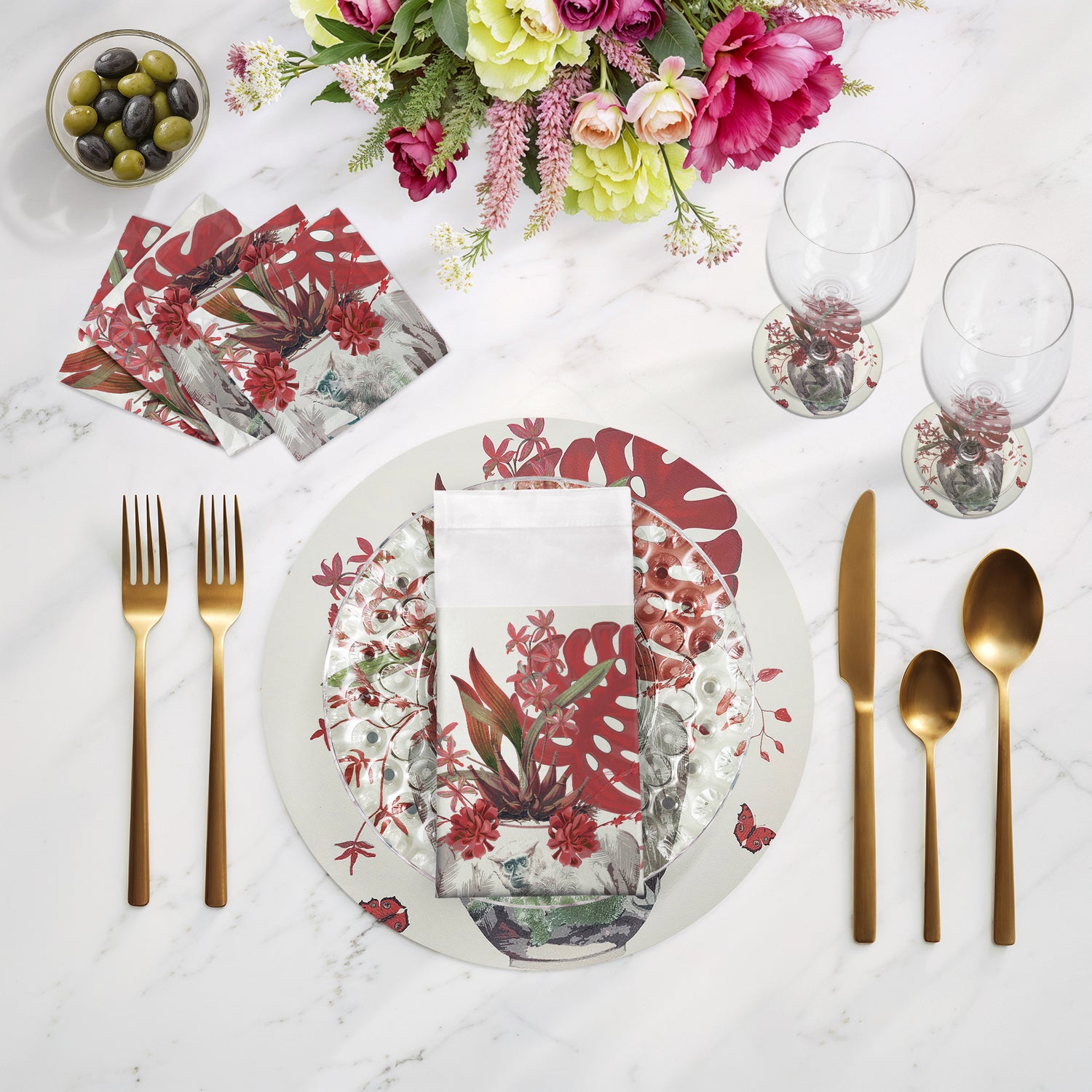 Monkey Large Jungle Cherry 16" Round Pebble Placemats, Set of 4 - nicolettemayer.com