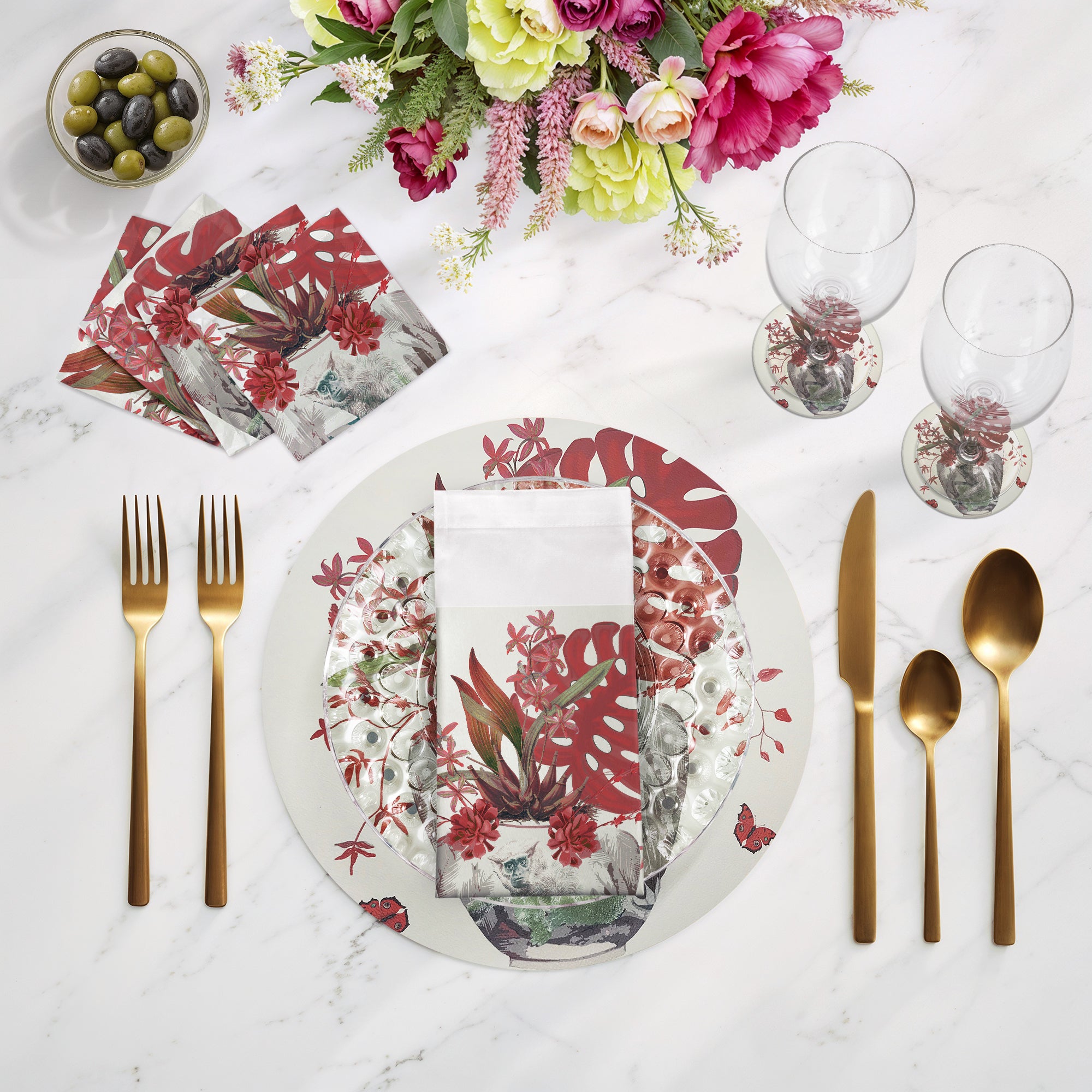 Monkey Large Jungle Cherry 16" Round Pebble Placemats, Set of 4 - nicolettemayer.com