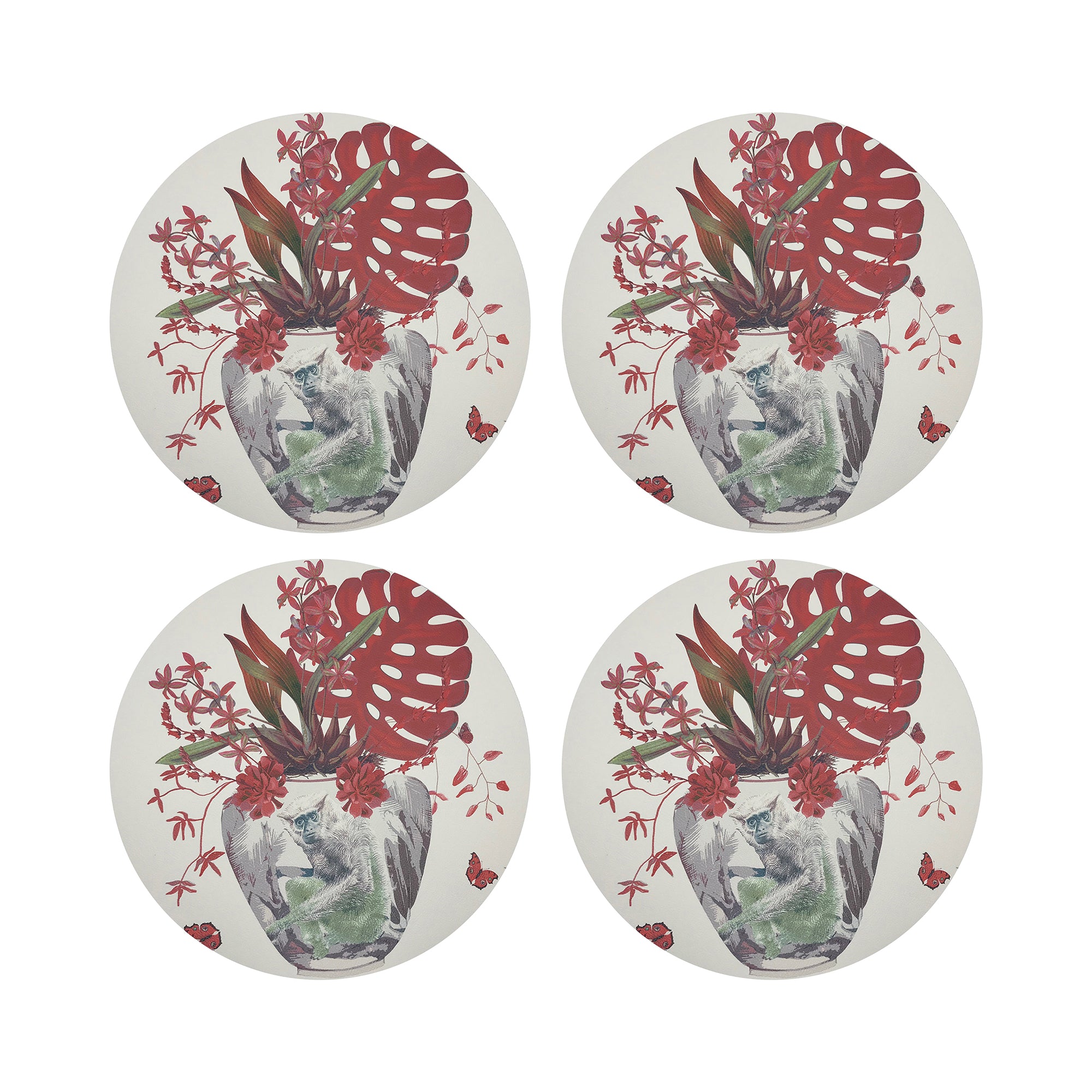 Monkey Large Jungle Cherry 16" Round Pebble Placemats, Set of 4 - nicolettemayer.com