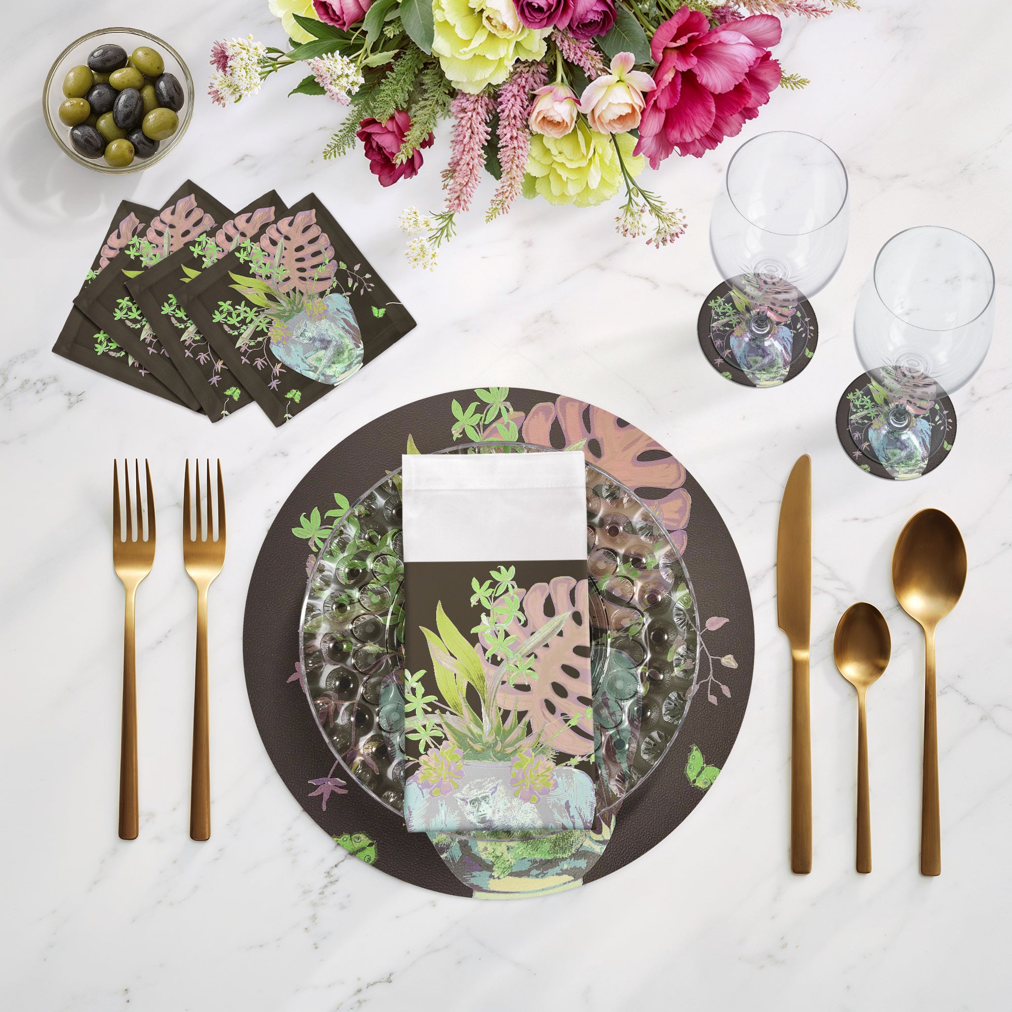 Monkey Large Jungle Chocolatte Lime 16" Round Pebble Placemats, Set of 4 - nicolettemayer.com