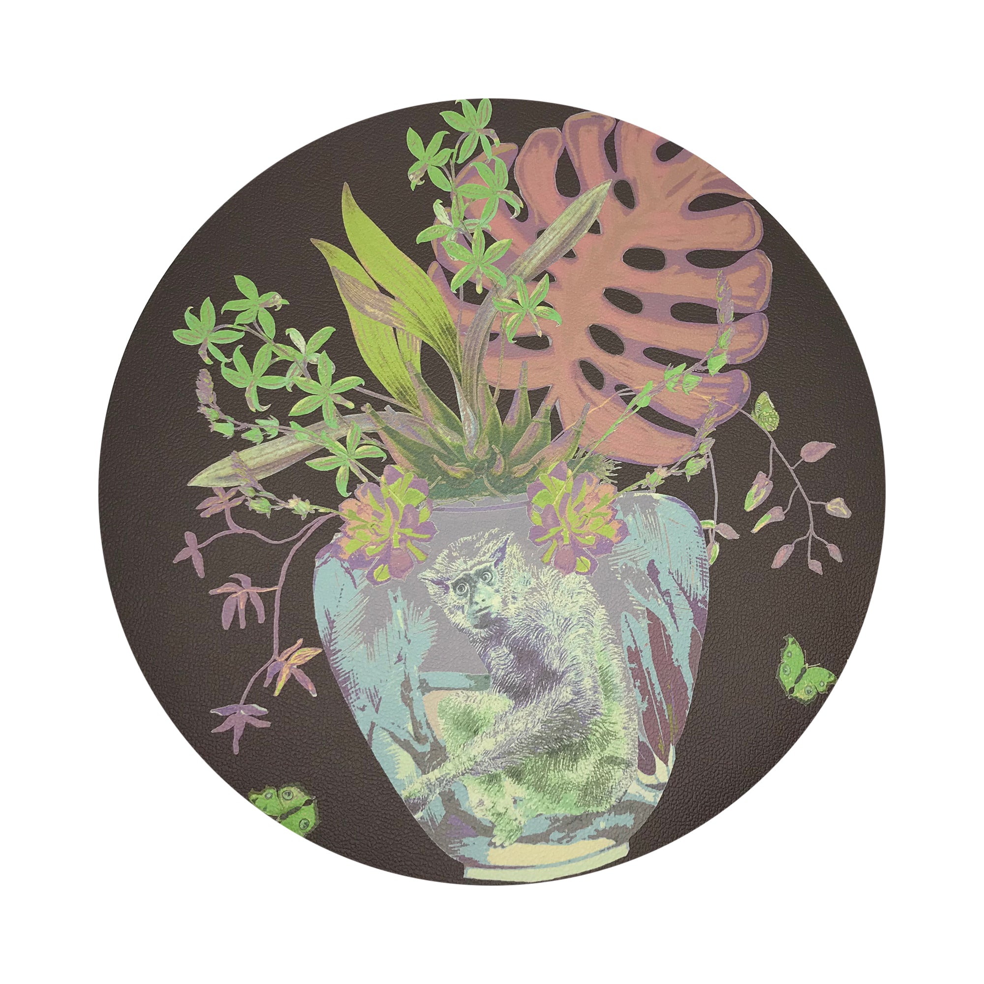 Monkey Large Jungle Chocolatte Lime Vegan Leather Round Pebble Placemat - nicolettemayer.com