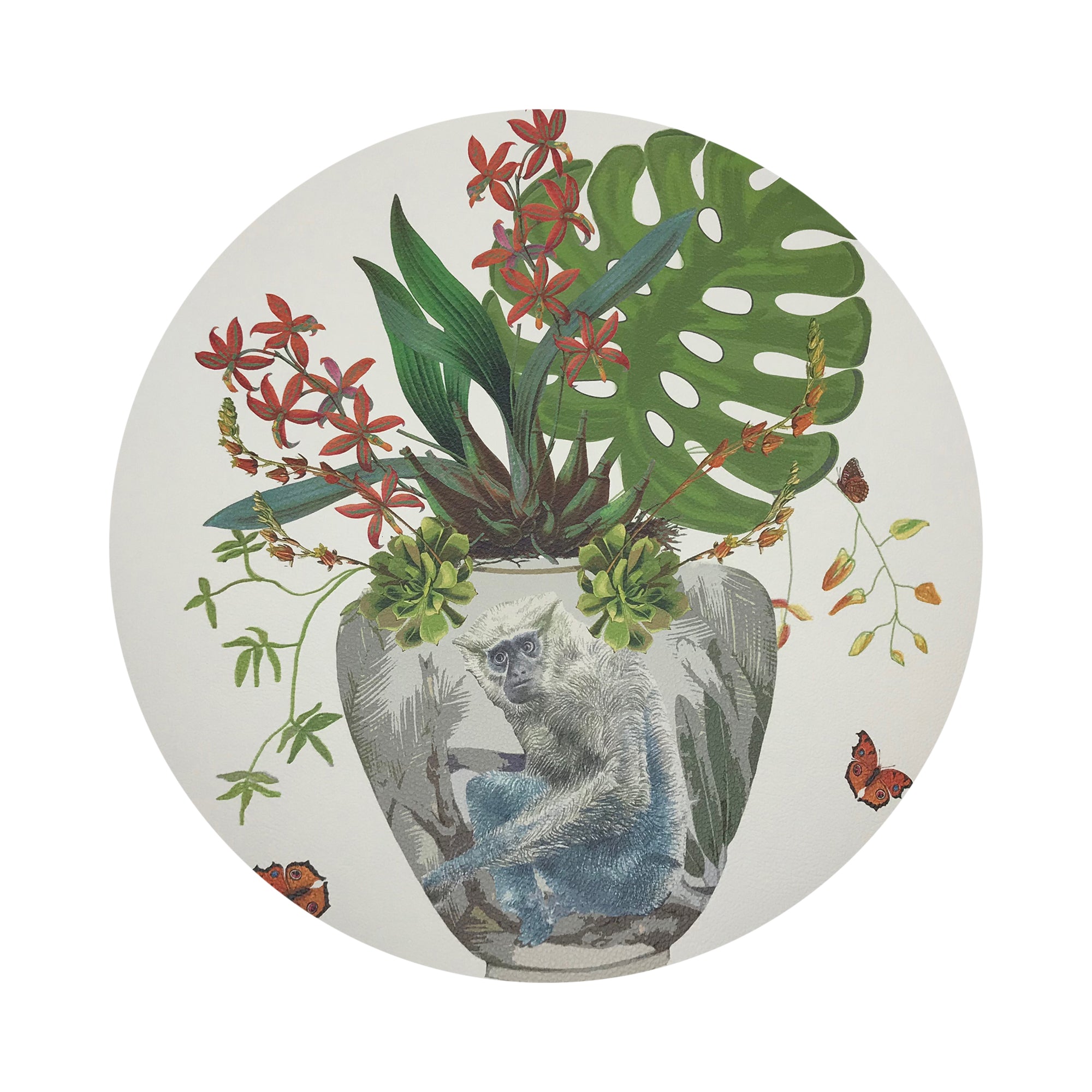 Monkey Large Jungle White Vegan Leather Round Pebble Placemat - nicolettemayer.com