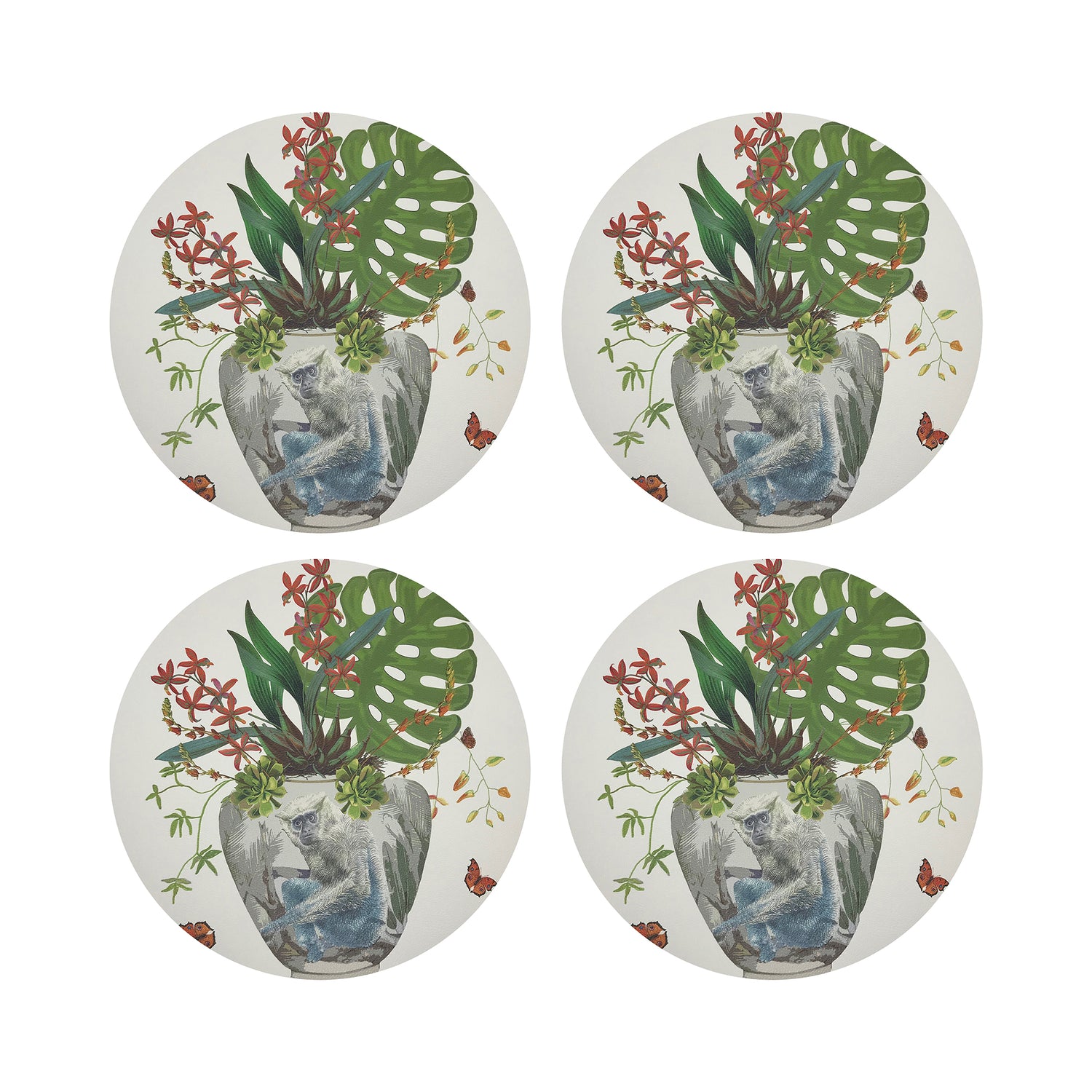 Monkey Large Jungle White 16" Round Pebble Placemats, Set of 4 - nicolettemayer.com
