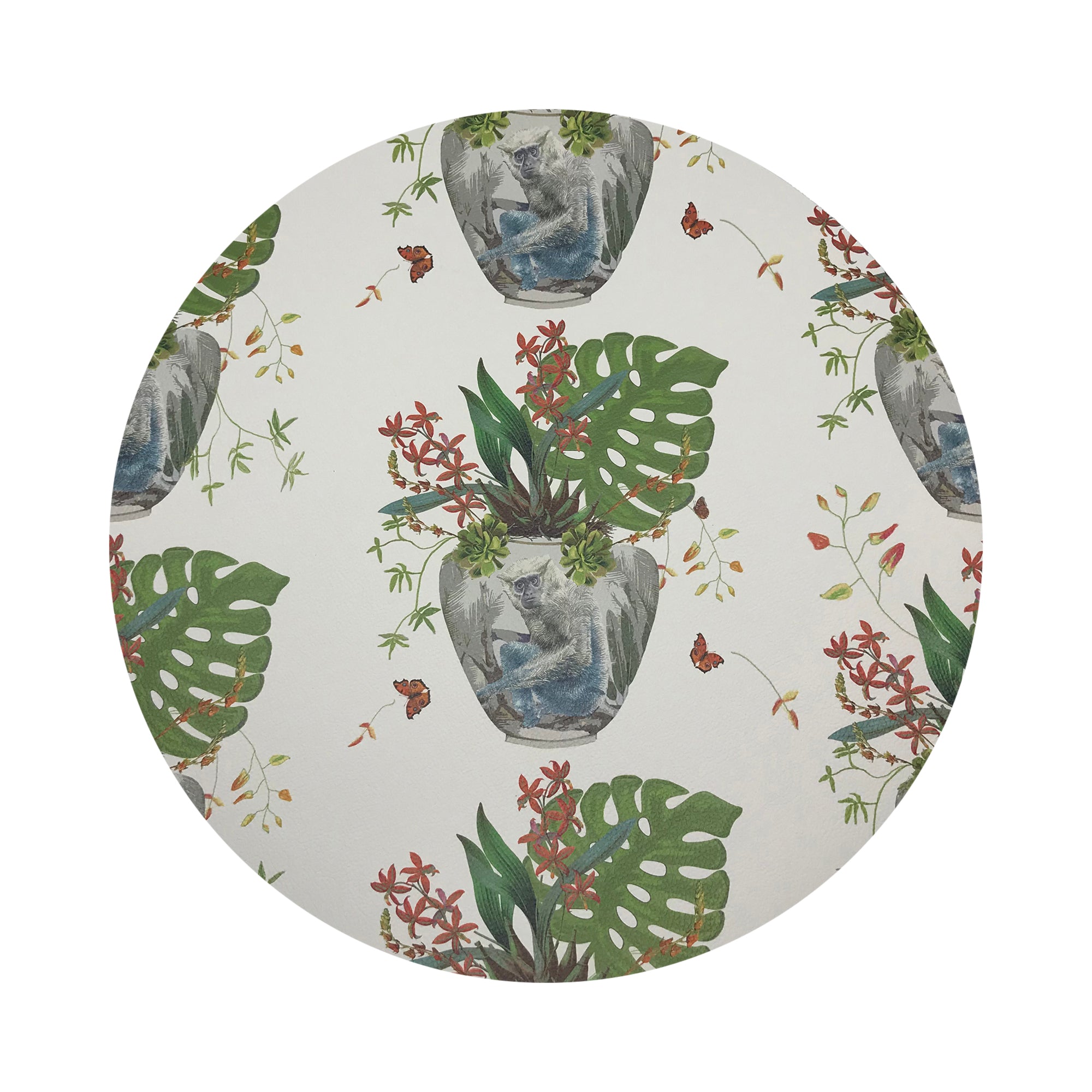 Monkey Small Jungle White Vegan Leather Round Pebble Placemat - nicolettemayer.com