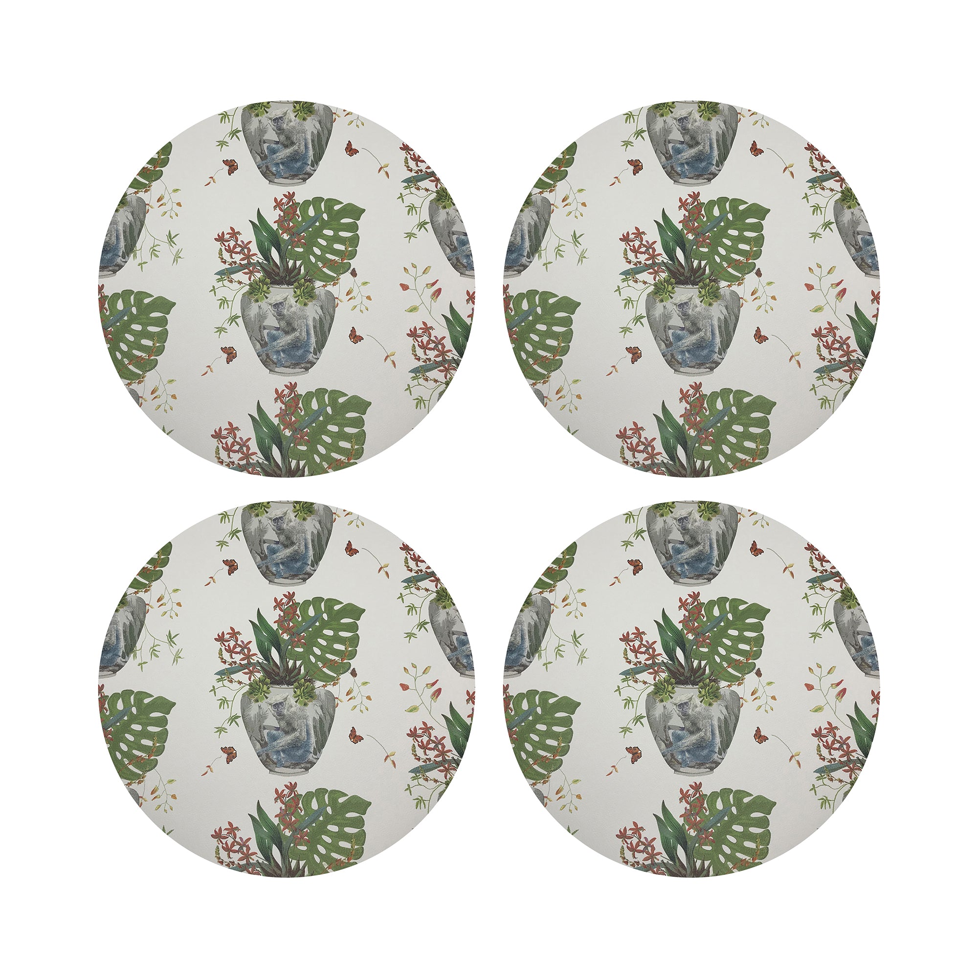 Monkey Small Jungle White Vegan Leather Round Pebble Placemat - nicolettemayer.com