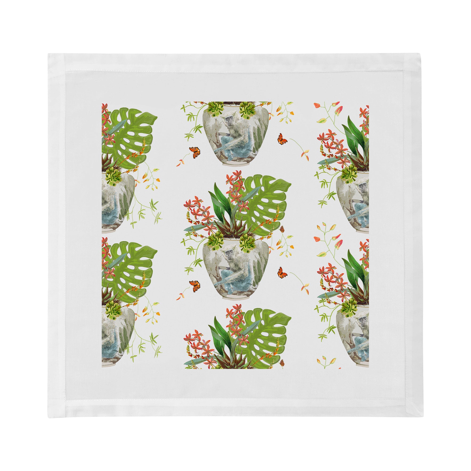 Monkey Small Jungle White Cotton Sateen Dinner Napkins
