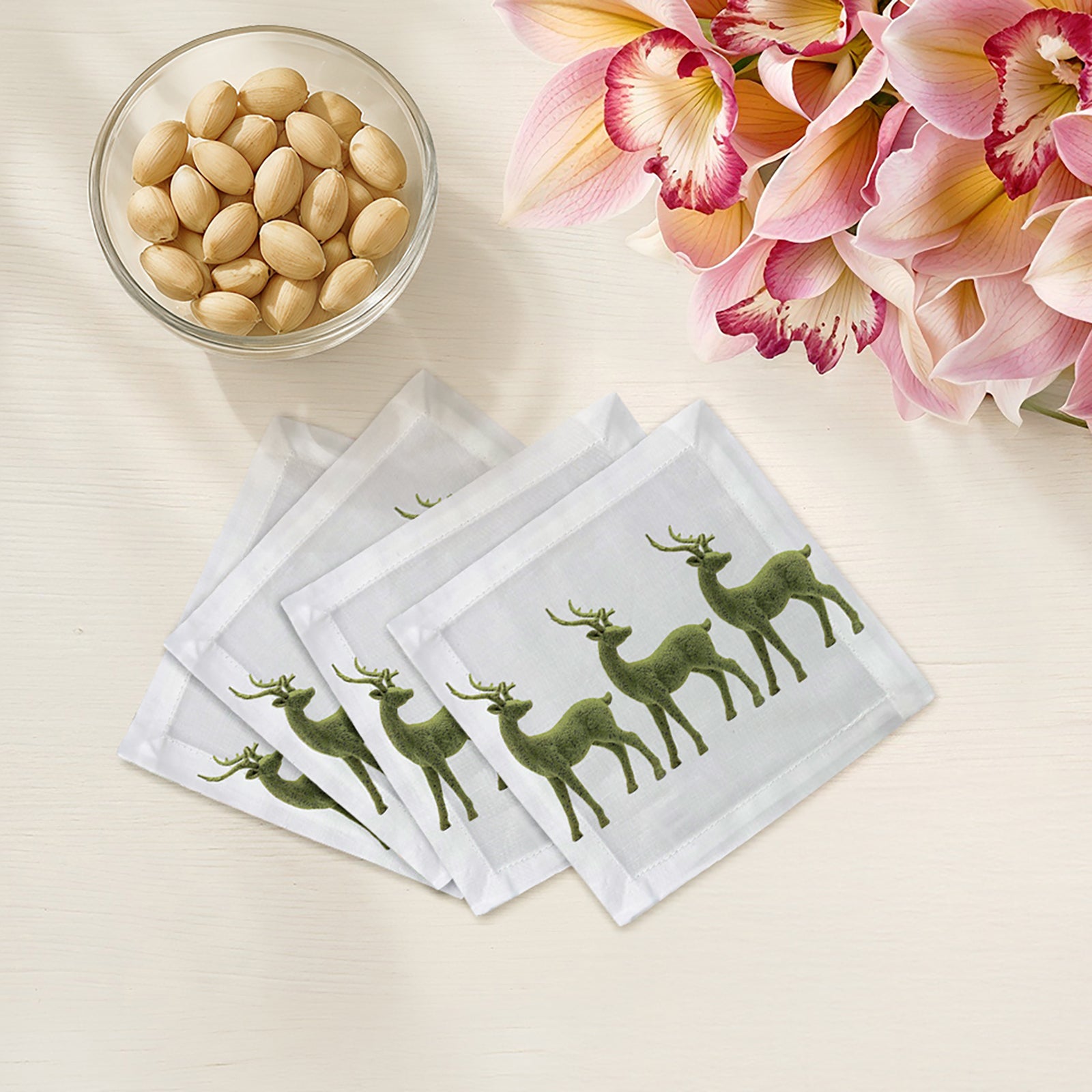 Moss Reindeer Cotton Sateen Cocktail Napkins