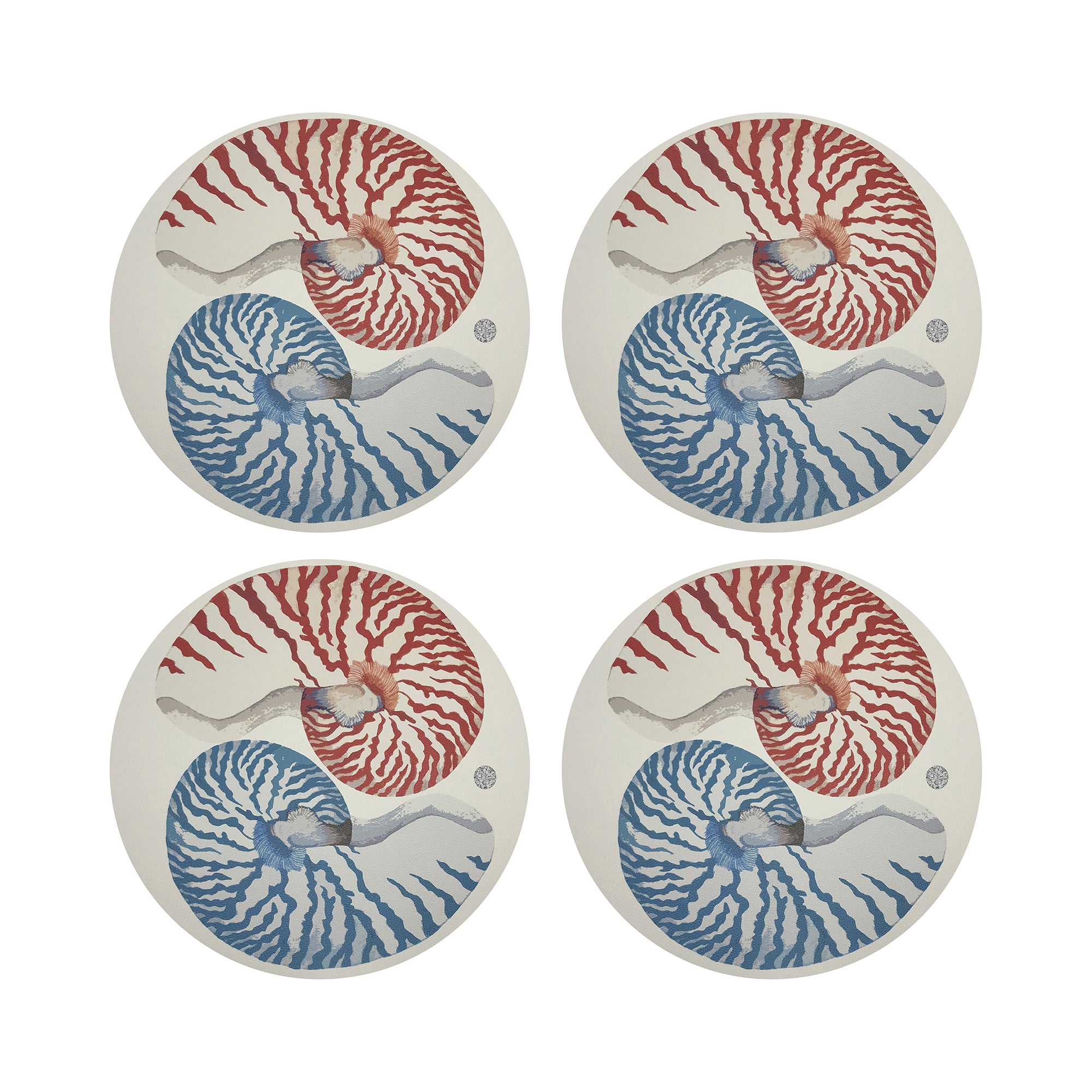 Nautilus Coral Red Turq 16" Round Pebble Placemats, Set of 4 - nicolettemayer.com