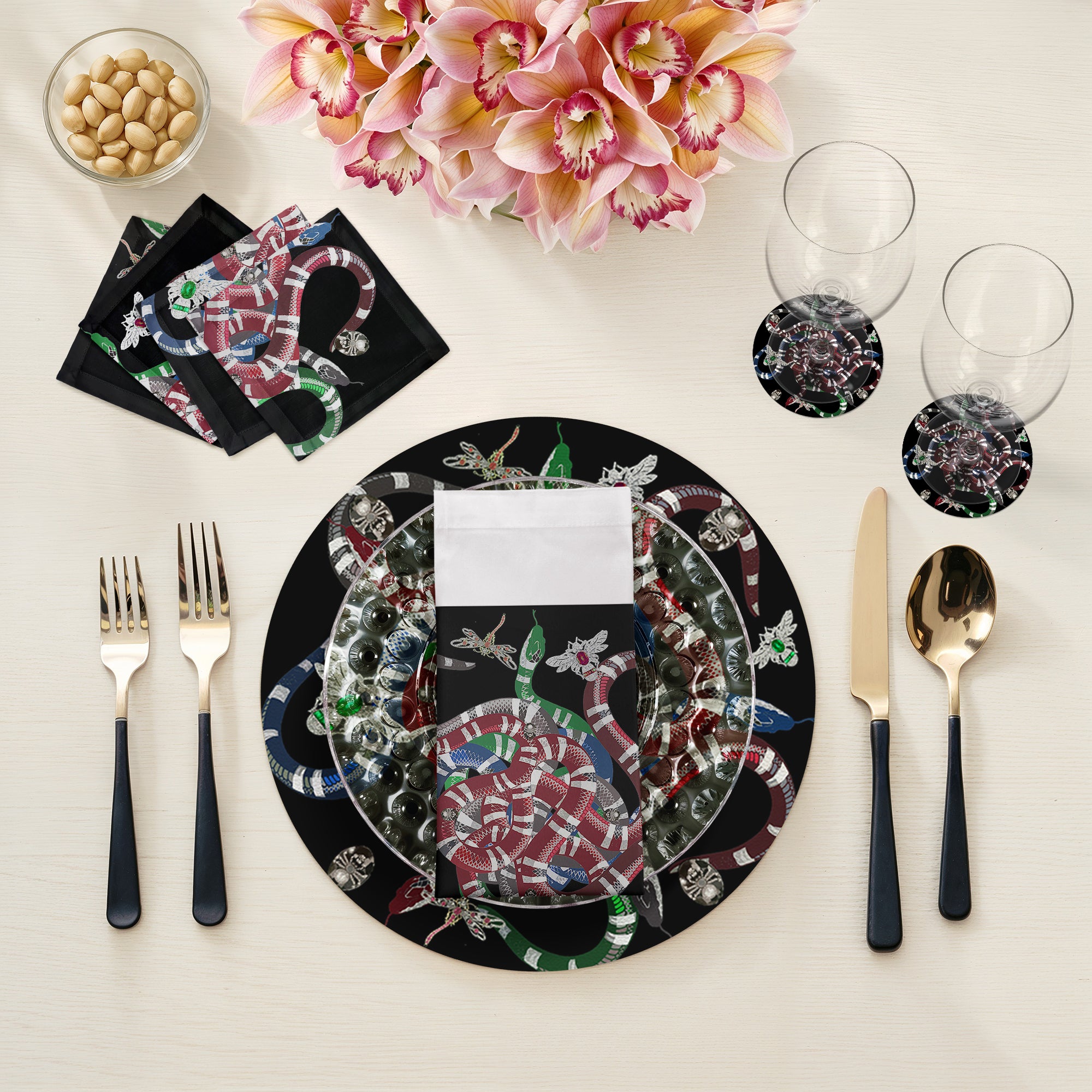 Ouroboros Black 16" Round Pebble Placemats, Set of 4 - nicolettemayer.com