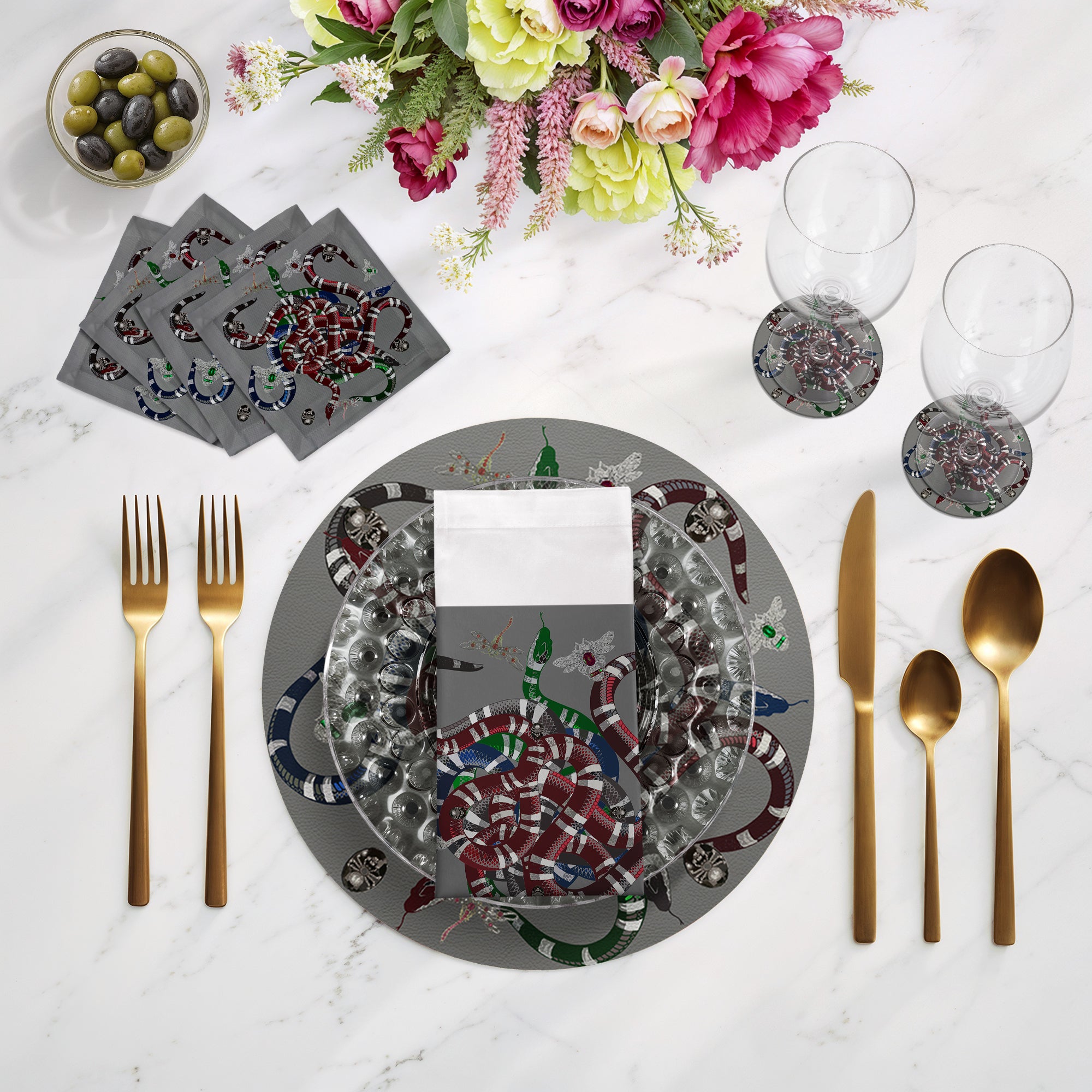 Ouroboros Gray 16" Round Pebble Placemats, Set of 4 - nicolettemayer.com