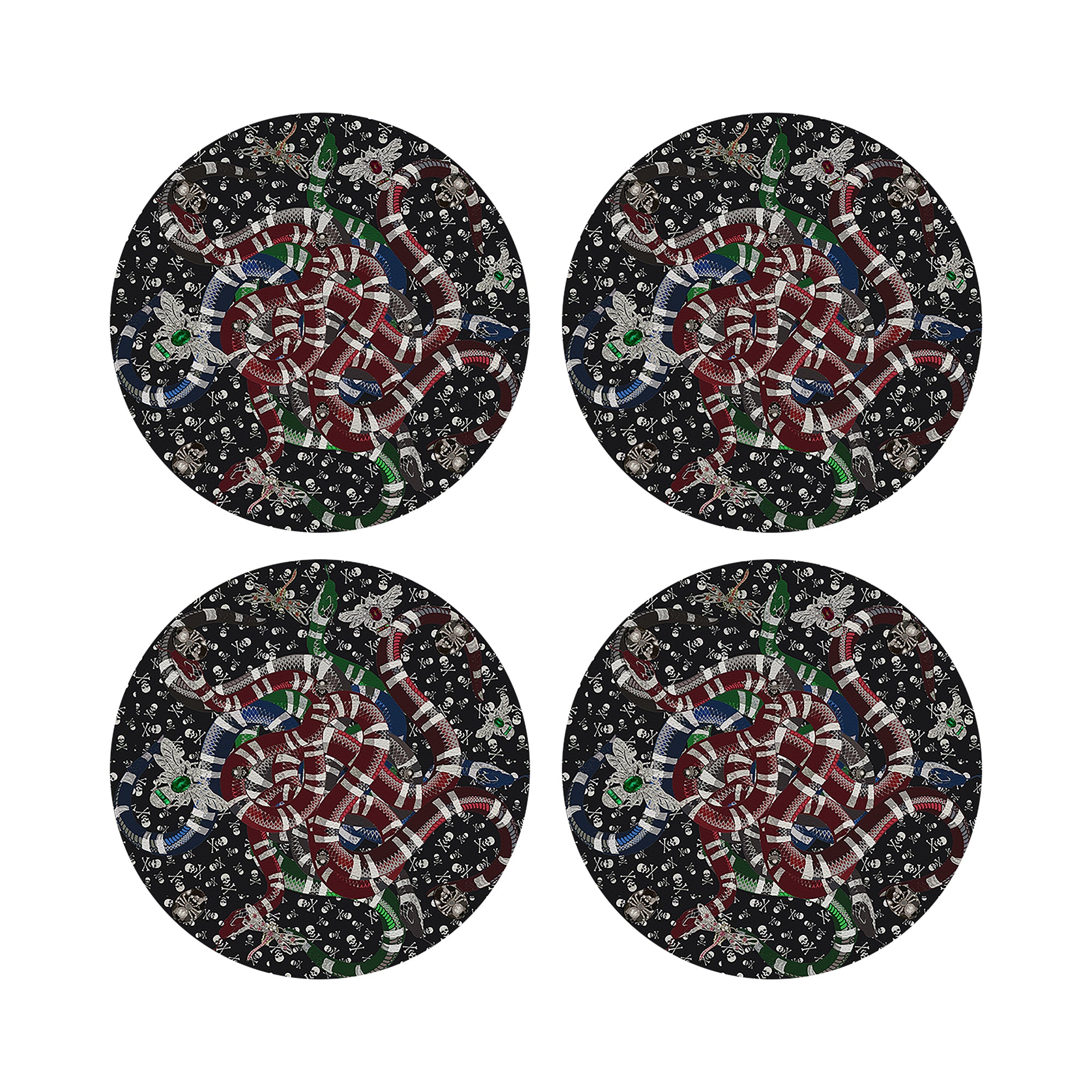 Ouroboros Skull Black Vegan Leather Round Pebble Placemat - nicolettemayer.com