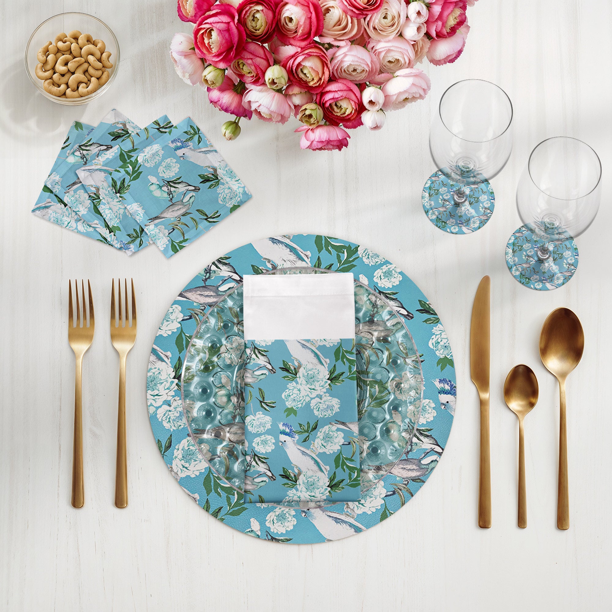 Peony Inspira Azur Vegan Leather Round Pebble Placemat - nicolettemayer.com
