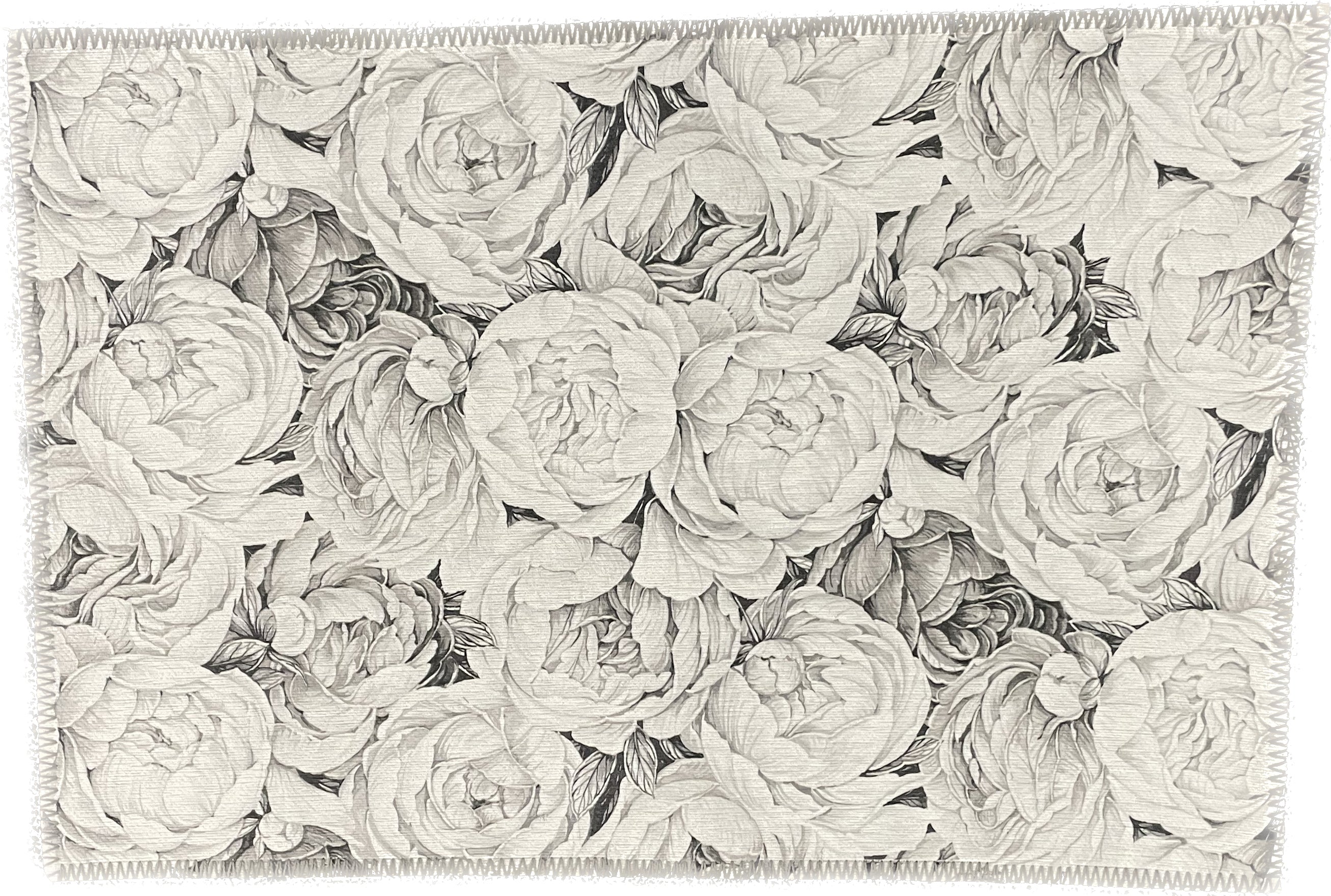 Peony Passion Black White Chenille Washables Rug