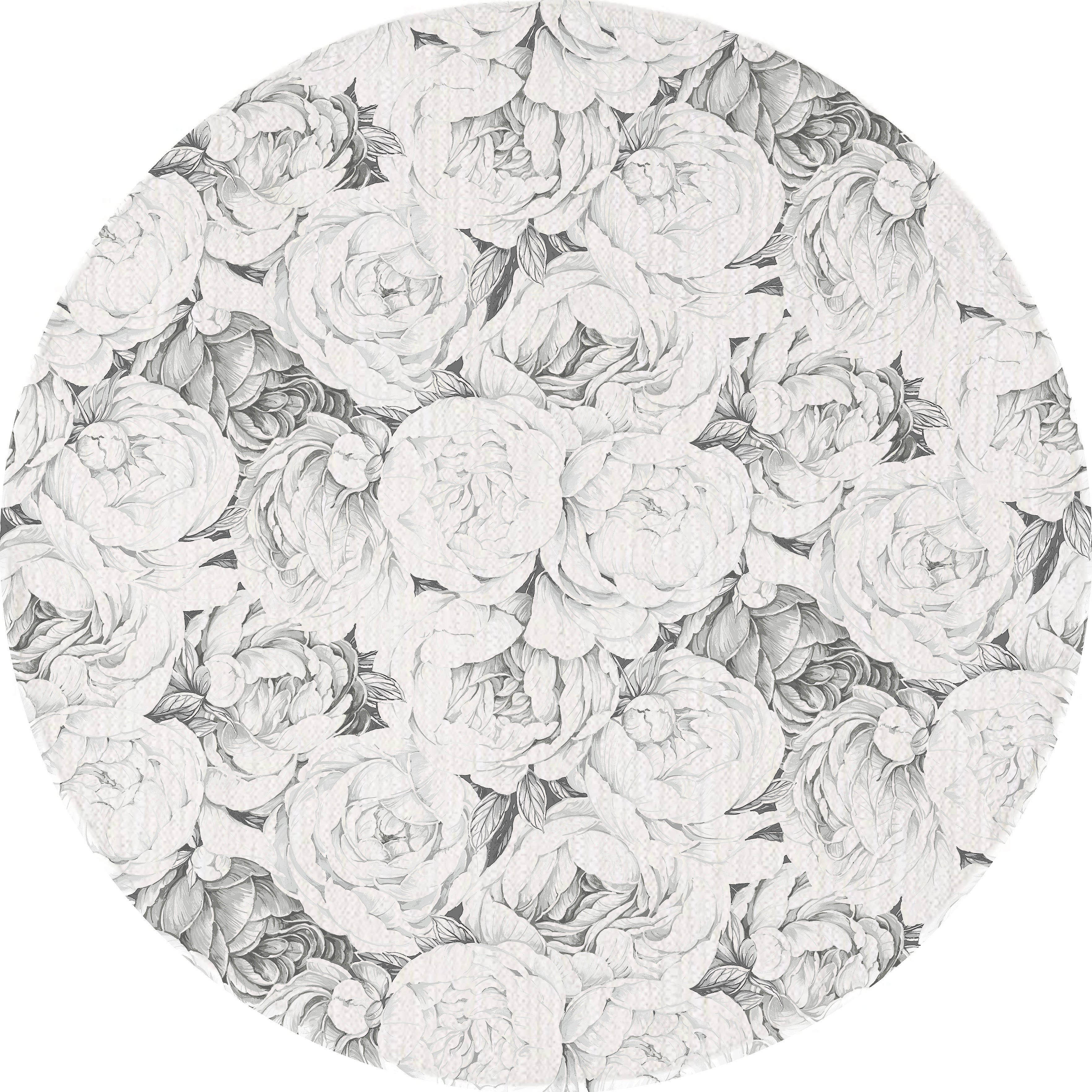 Runder, waschbarer Chenille-Teppich „Peony Passion“ in Schwarz und Weiß
