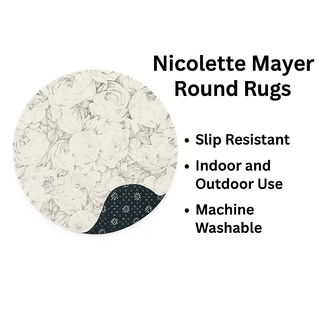Peony Passion Black White Round Cloud Washable Rug