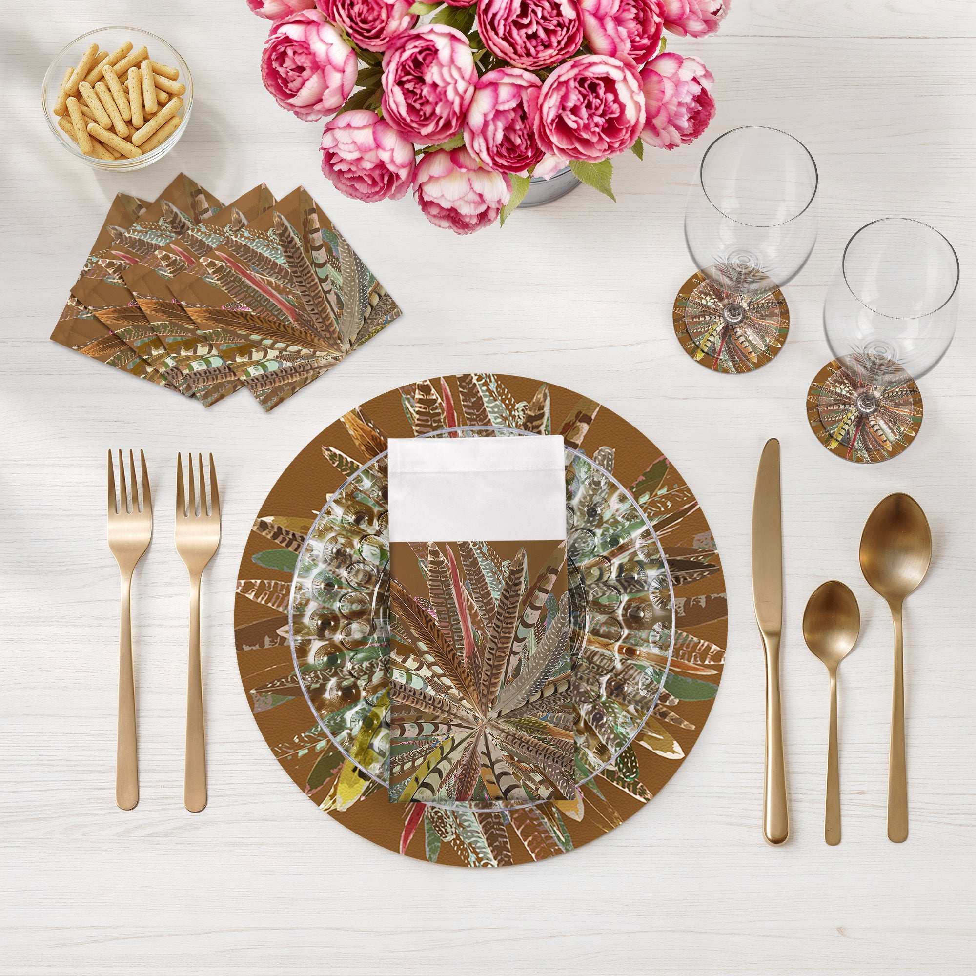 Pheasant Feathers Brown 16" Round Pebble Placemats, Set of 4 - nicolettemayer.com