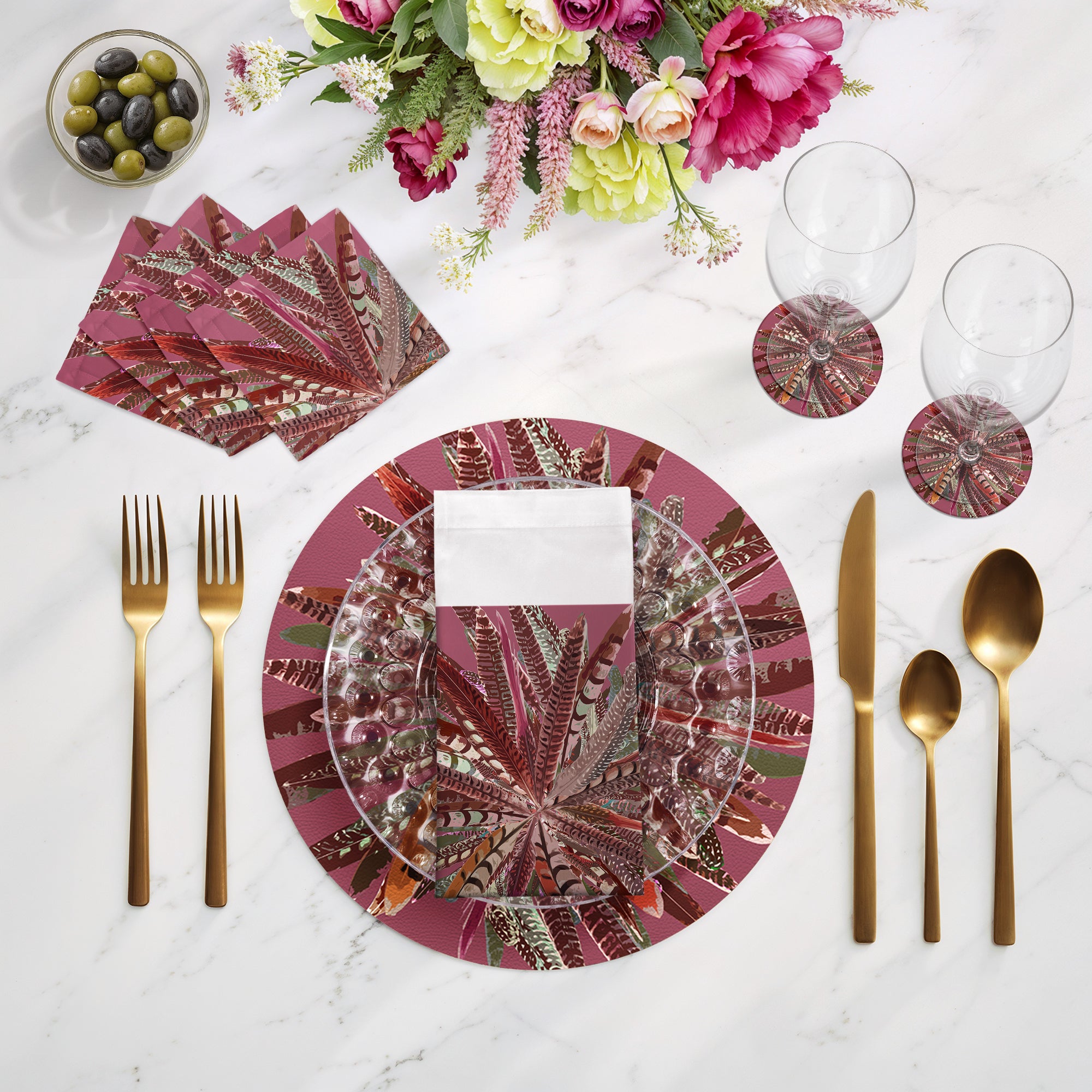 Pheasant Feathers Mauve 16" Round Pebble Placemats, Set of 4 - nicolettemayer.com
