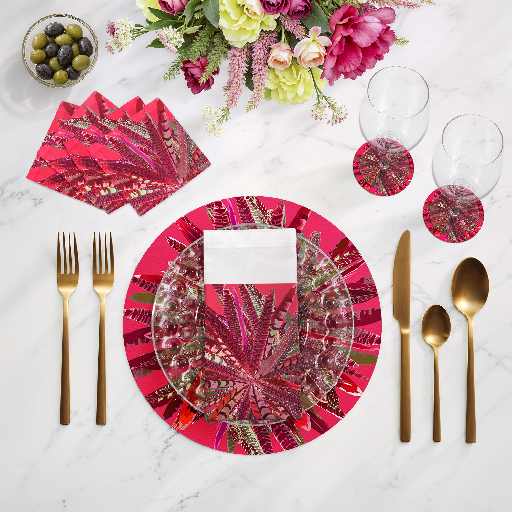 Pheasant Feathers Plum Vegan Leather Round Pebble Placemat