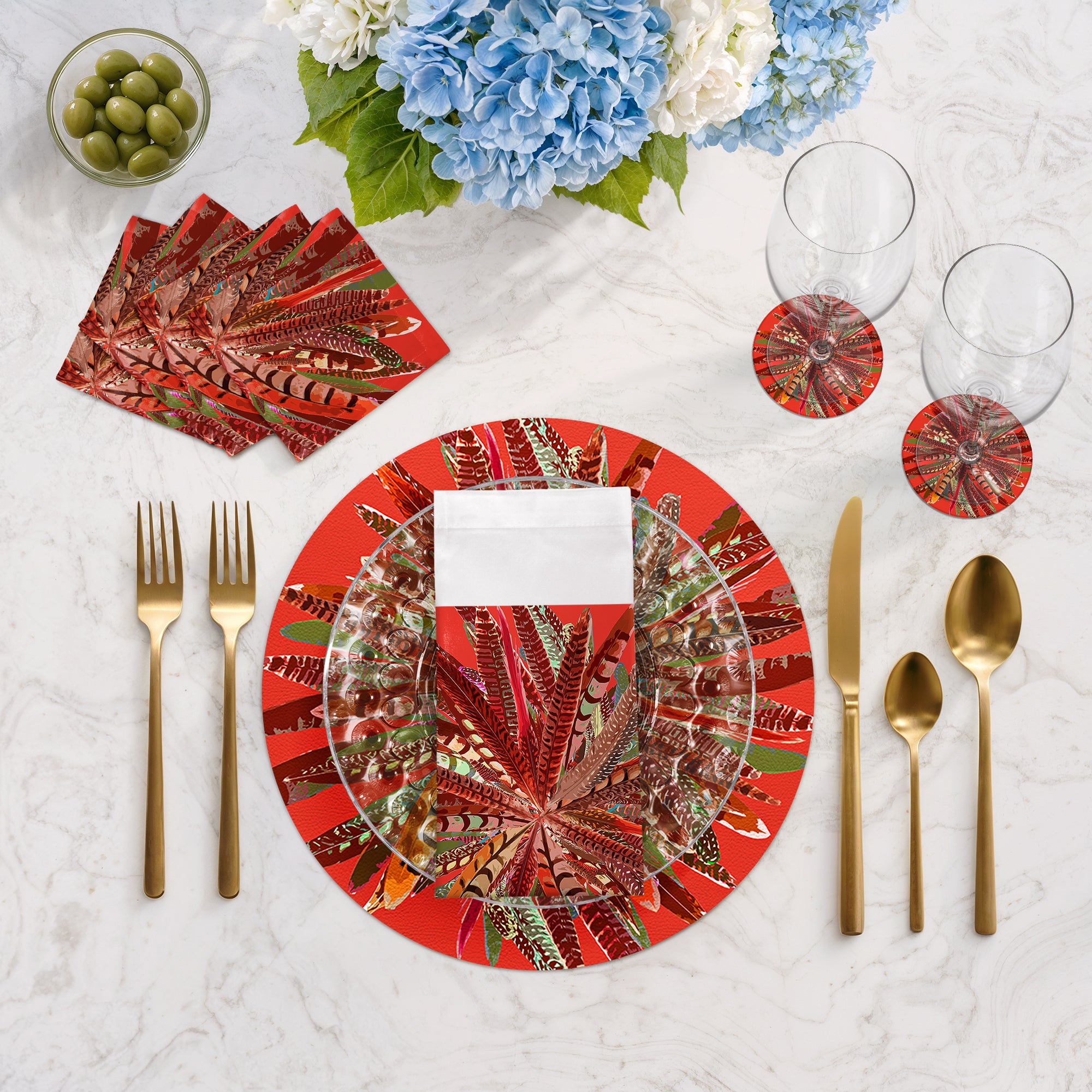 Pheasant Feathers Pumpkin Vegan Leather Round Pebble Placemat