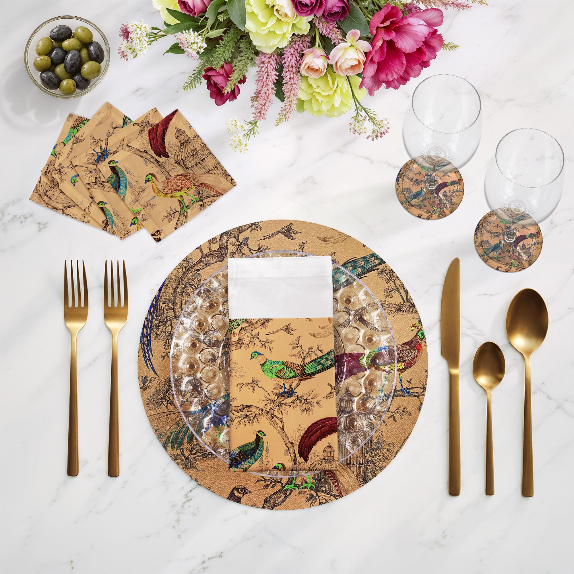 Pheasant Fall Sauvage Mustard Vegan Leather Round Pebble Placemat