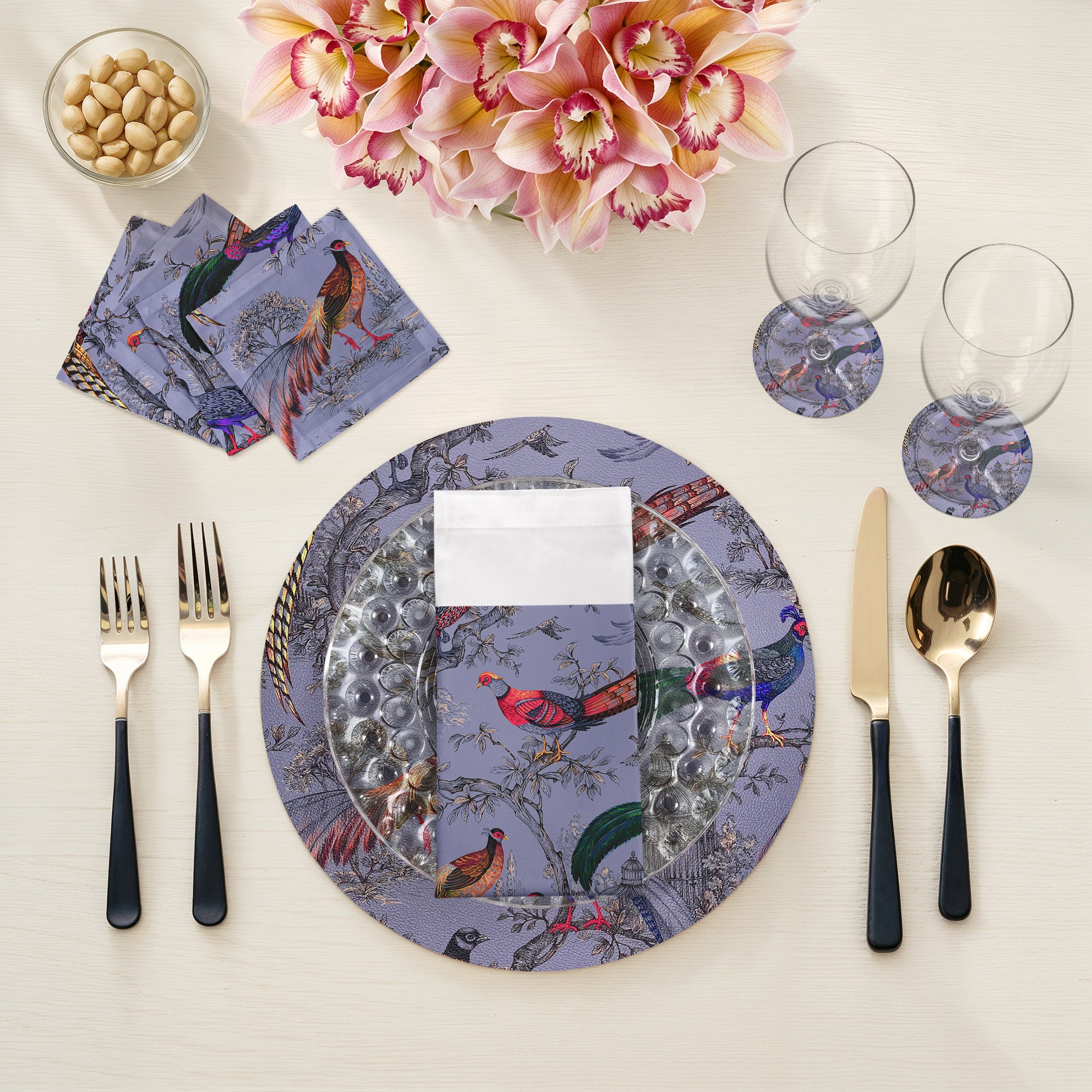 Pheasant Fall Sauvage Silver Vegan Leather Round Pebble Placemat