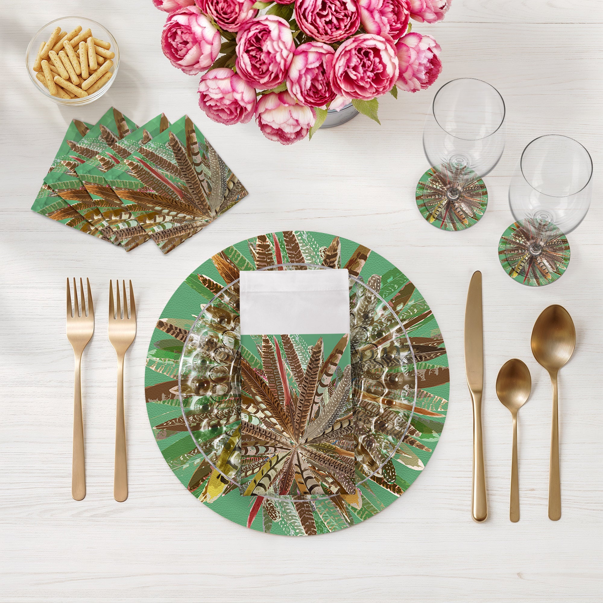 Pheasant Feathers Green 16" Round Pebble Placemats, Set of 4 - nicolettemayer.com