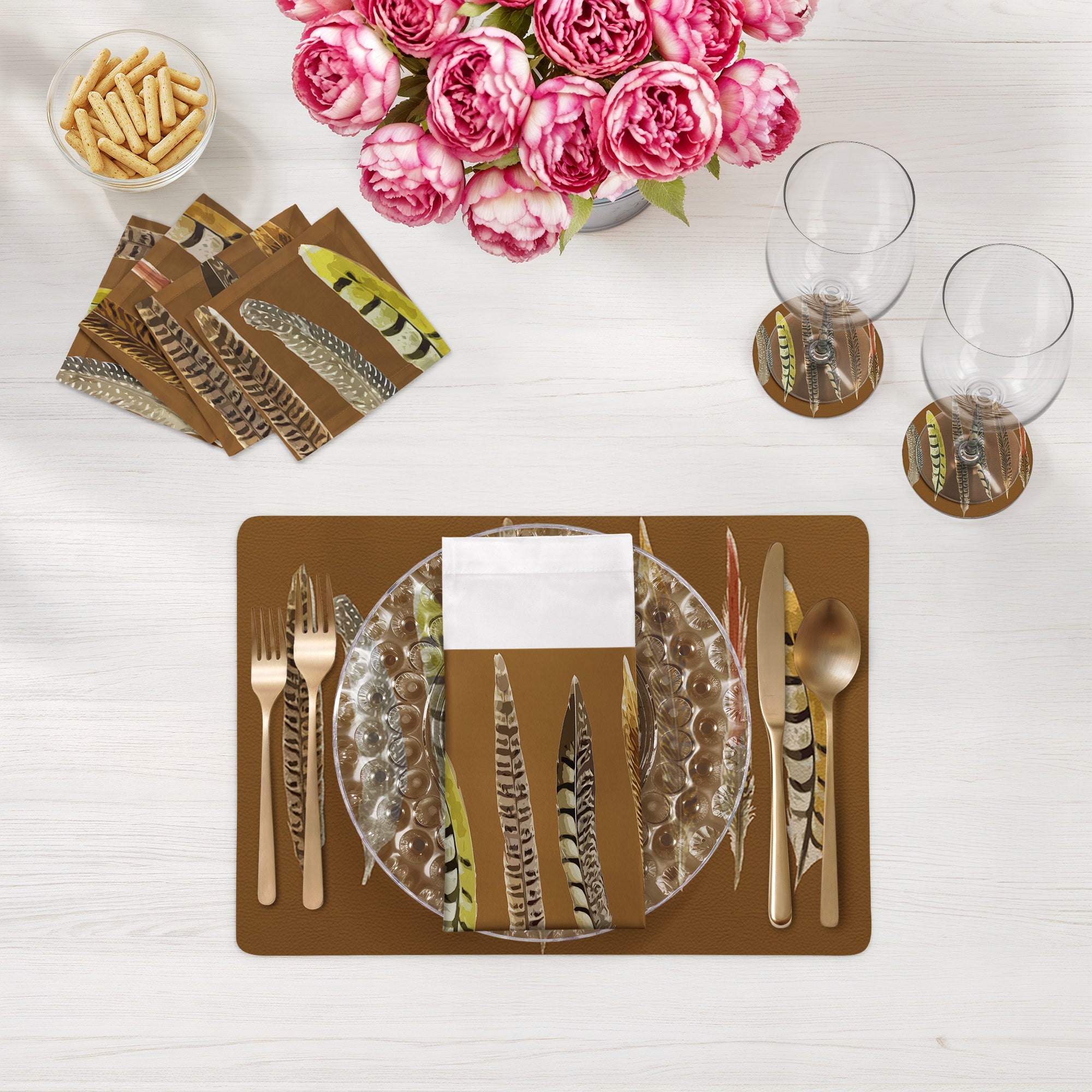 Pheasant Feathers Brown Vegan Leather Rectangle Pebble Placemat