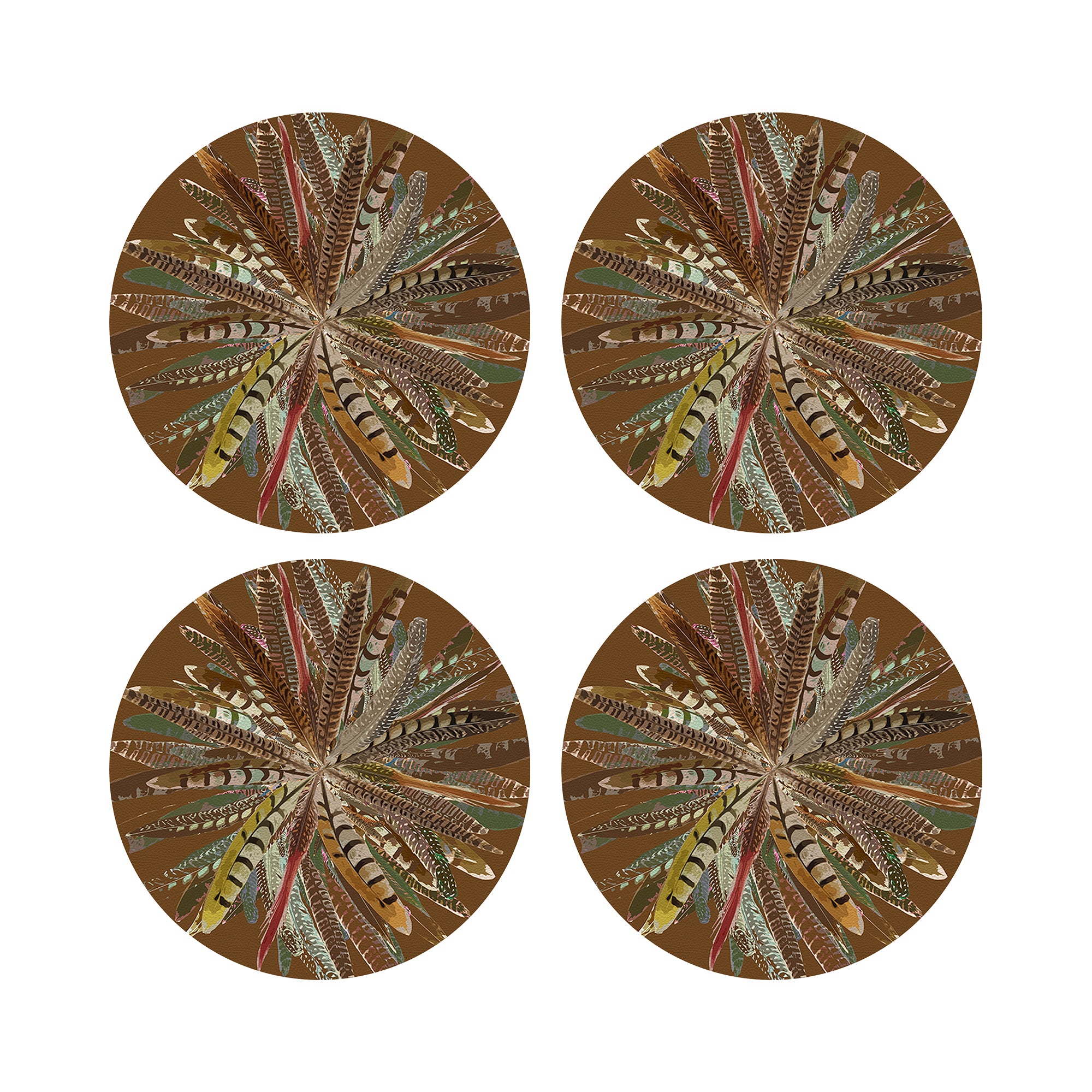Pheasant Feathers Brown 16" Round Pebble Placemats, Set of 4 - nicolettemayer.com