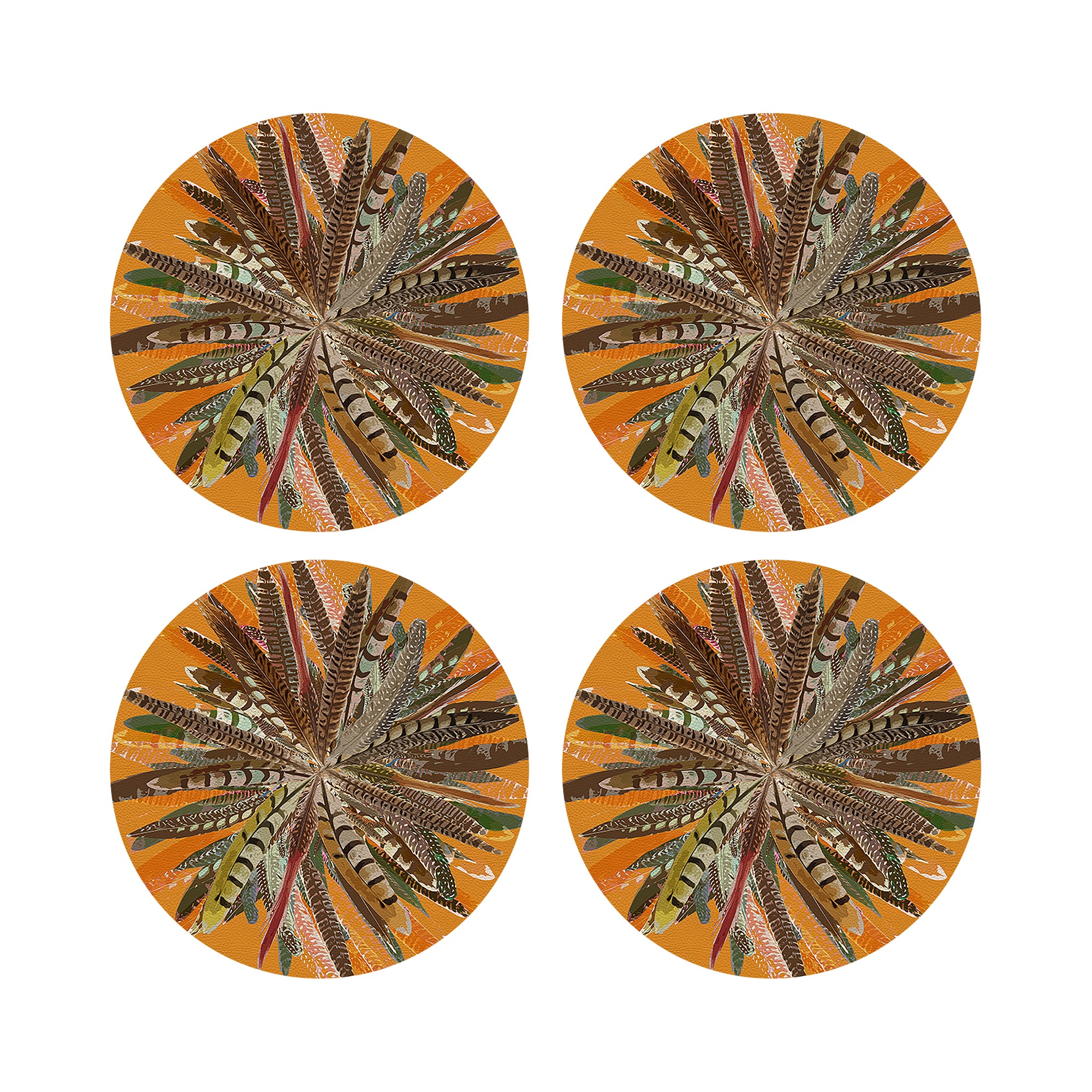 Pheasant Feathers Butternut 16" Round Pebble Placemats, Set of 4 - nicolettemayer.com